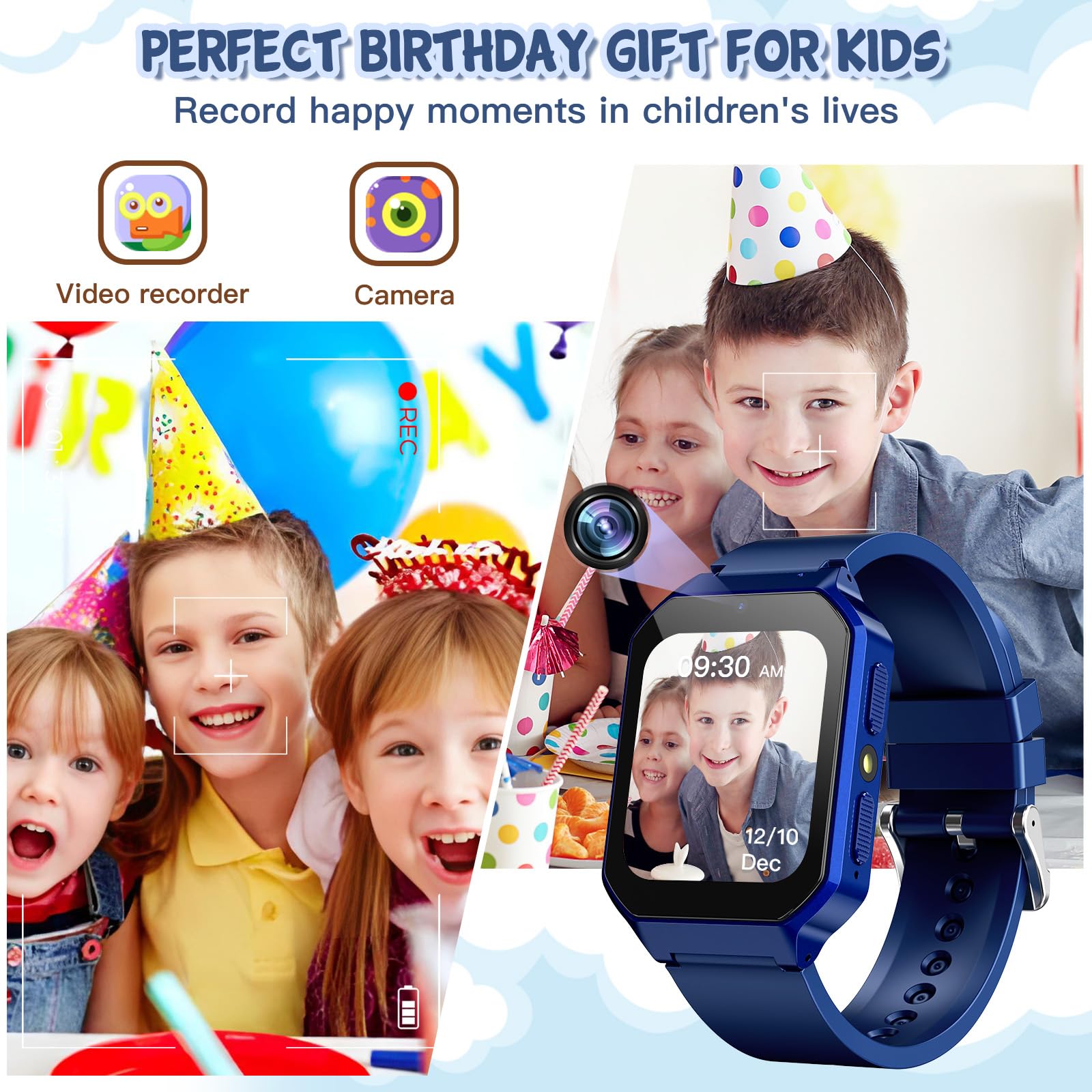 Derui Smart Watch For Kids 3 12 Years Boys Girls, 26 Puzzle Games, Smartwatch With Camera, Pedometer, Stopwatch, Video Voice Music Player Calendar Alarm Clock Learn Card For Children Gifts (Blue)