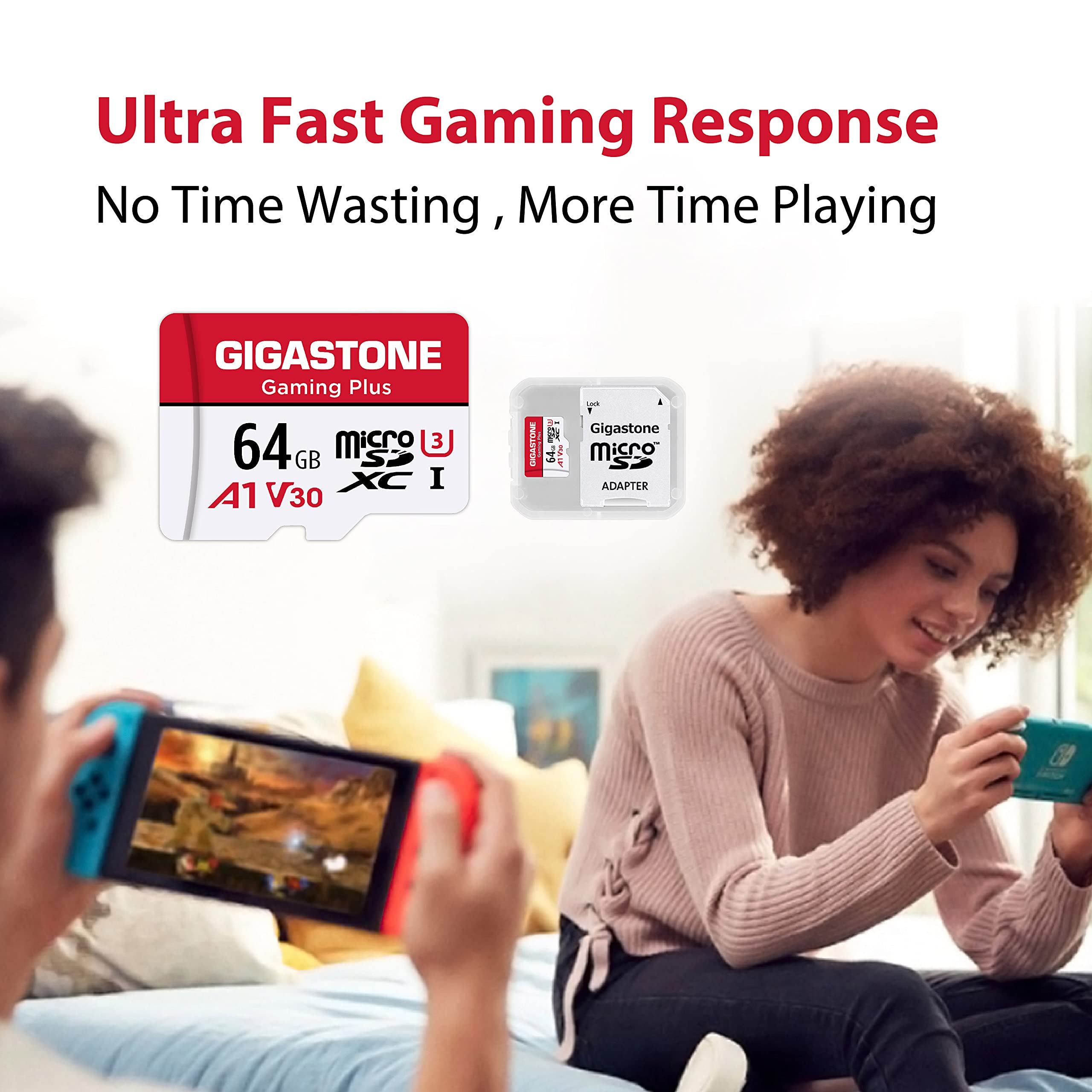 Gigastone 64GB Micro SD Card, Gaming Plus, Nintendo Switch Compatible, High Speed 90MB/s, 4K UHD Video Recording, Micro SDXC UHS I A1 V30 U1 Class 10