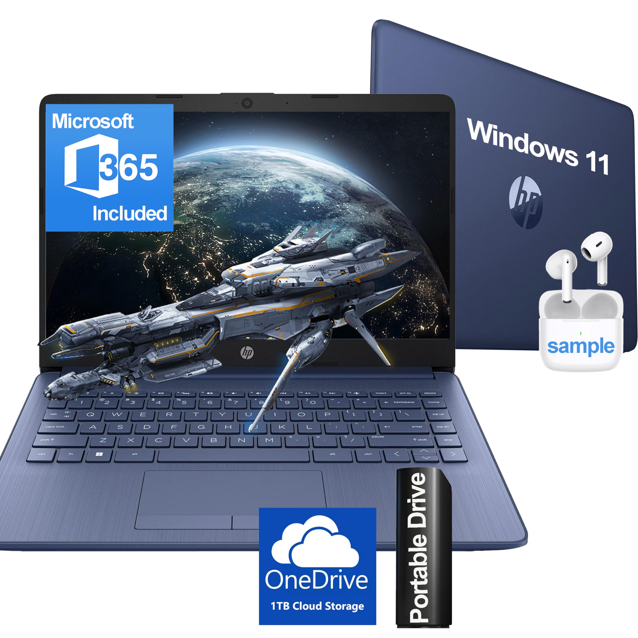 Hp 14 Inch Laptop With Microsoft 365 & Wireless Earbuds Ultralight & Compact Intel 4 Core Processor 16Gb Ram 128Gb External & 64