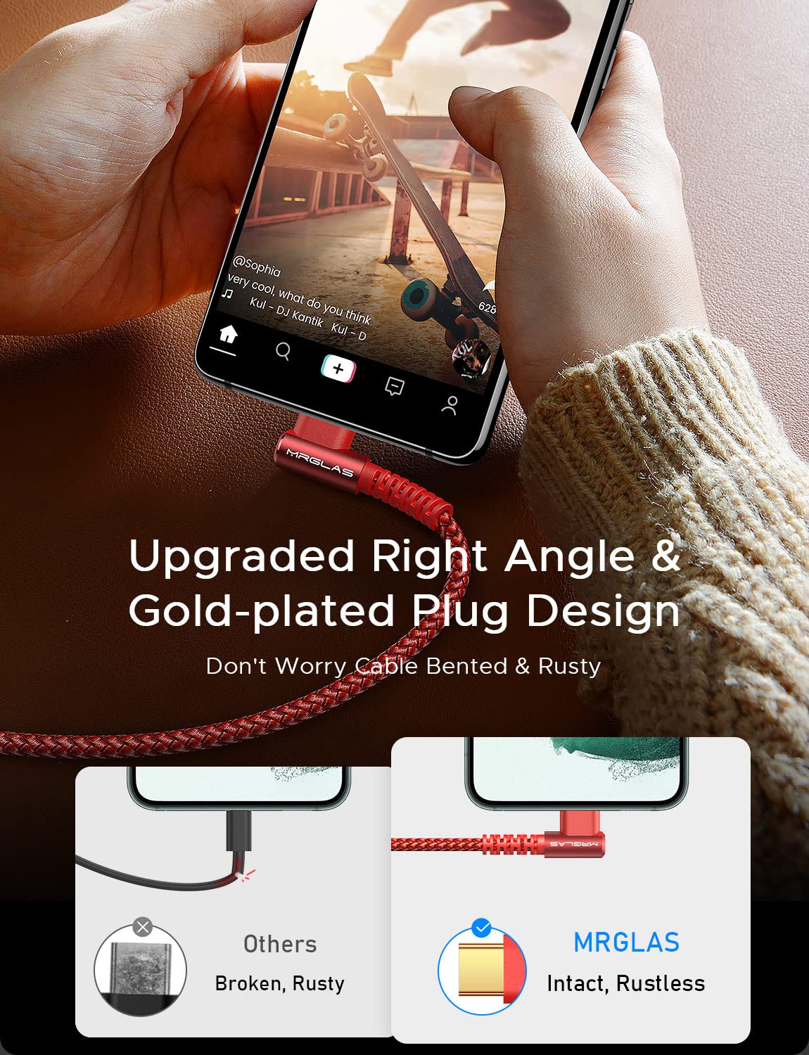 Mrglas 3.2A Usb C Charger Cable, [2 Pack, 6.6Ft] Usb A To Usb C Right Angle Cable Gold Plated Type C Charger Fast Charging Nylon