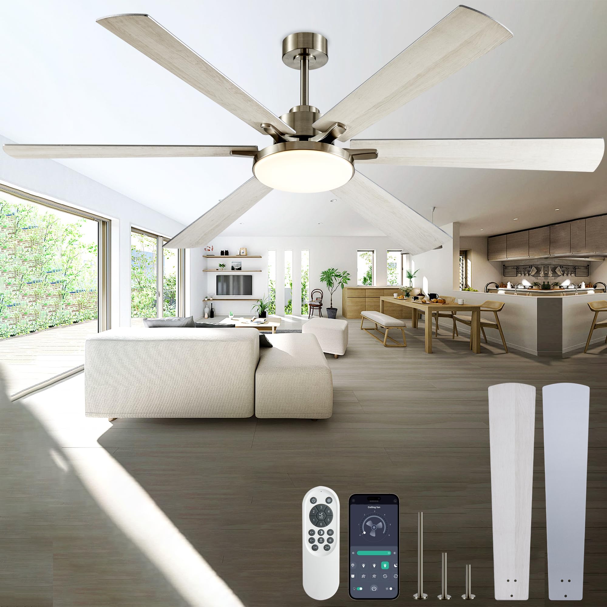 DIAMONDFORGE 72 Inch Ceiling Fans with Lights and Remote Control,Indoor/Outdoor Flush Mount Low Profile Commercial Reversible Di