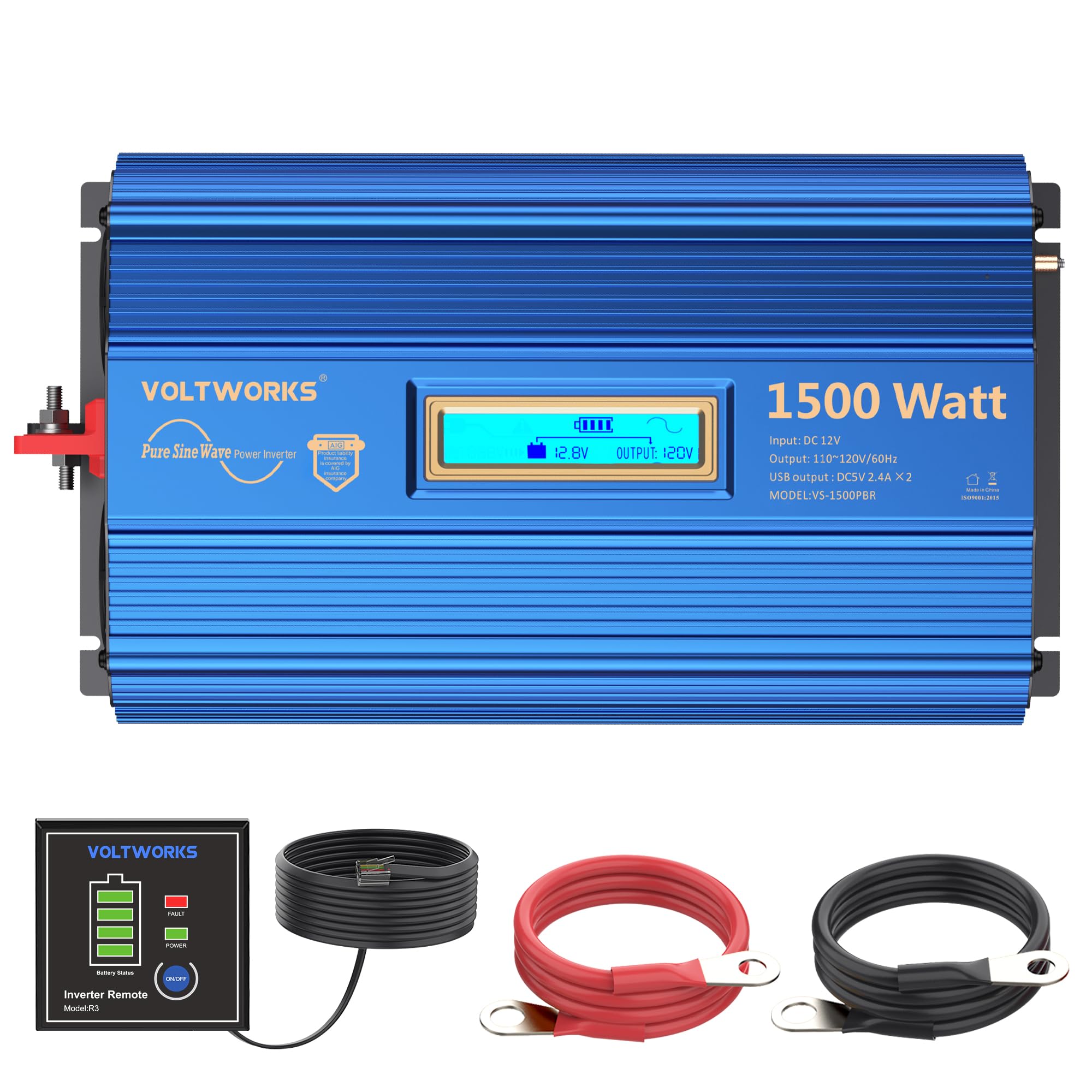 1500W Pure Sine Wave Power Inverter Dc 12V To Ac 110V 120V With Remote Control Lcd Display And 2X2.4A Dual Usb Ports 3 Ac Outlet