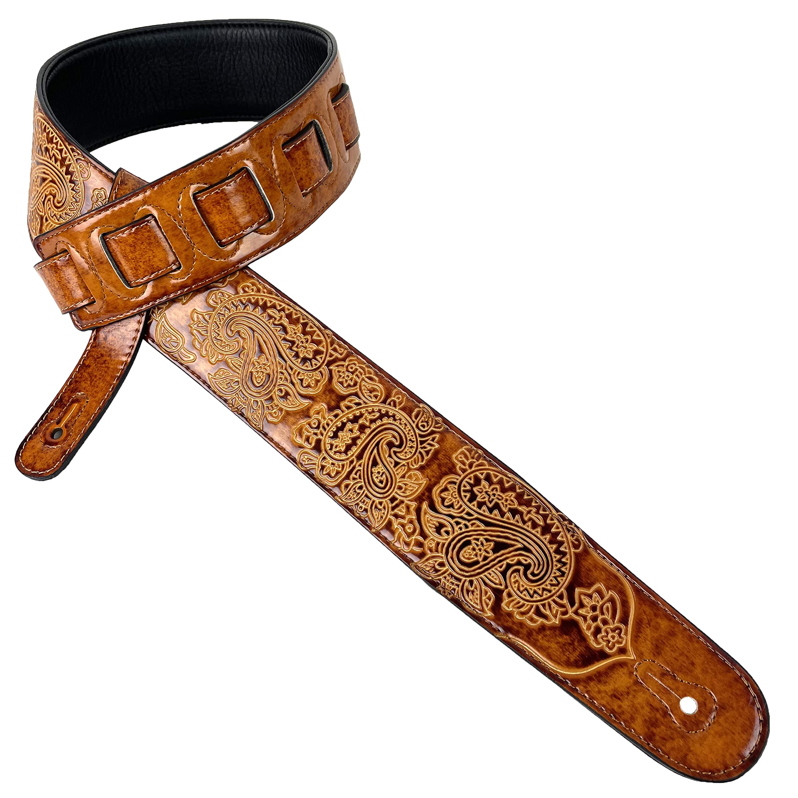 Walker And Williams GB31 Handmade Latigo Tan Padded Strap with Vintage Paisley Pattern For Acoustic, Electric, And Bass Guitars