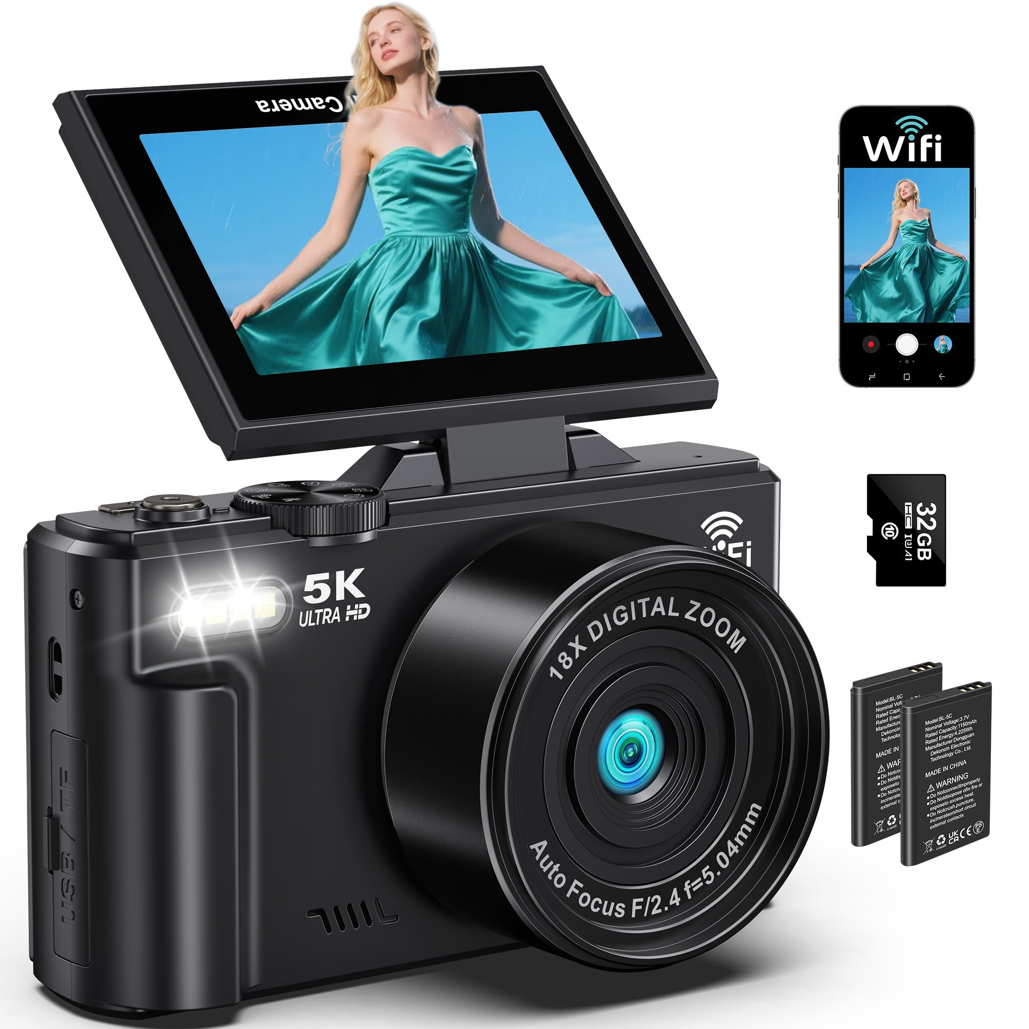 Digital Cameras for Photography - 5K 75MP Vlogging Camera for YouTube WiFi - UHD Autofocus Vlog Camera 3 180 Flip Screen with 18