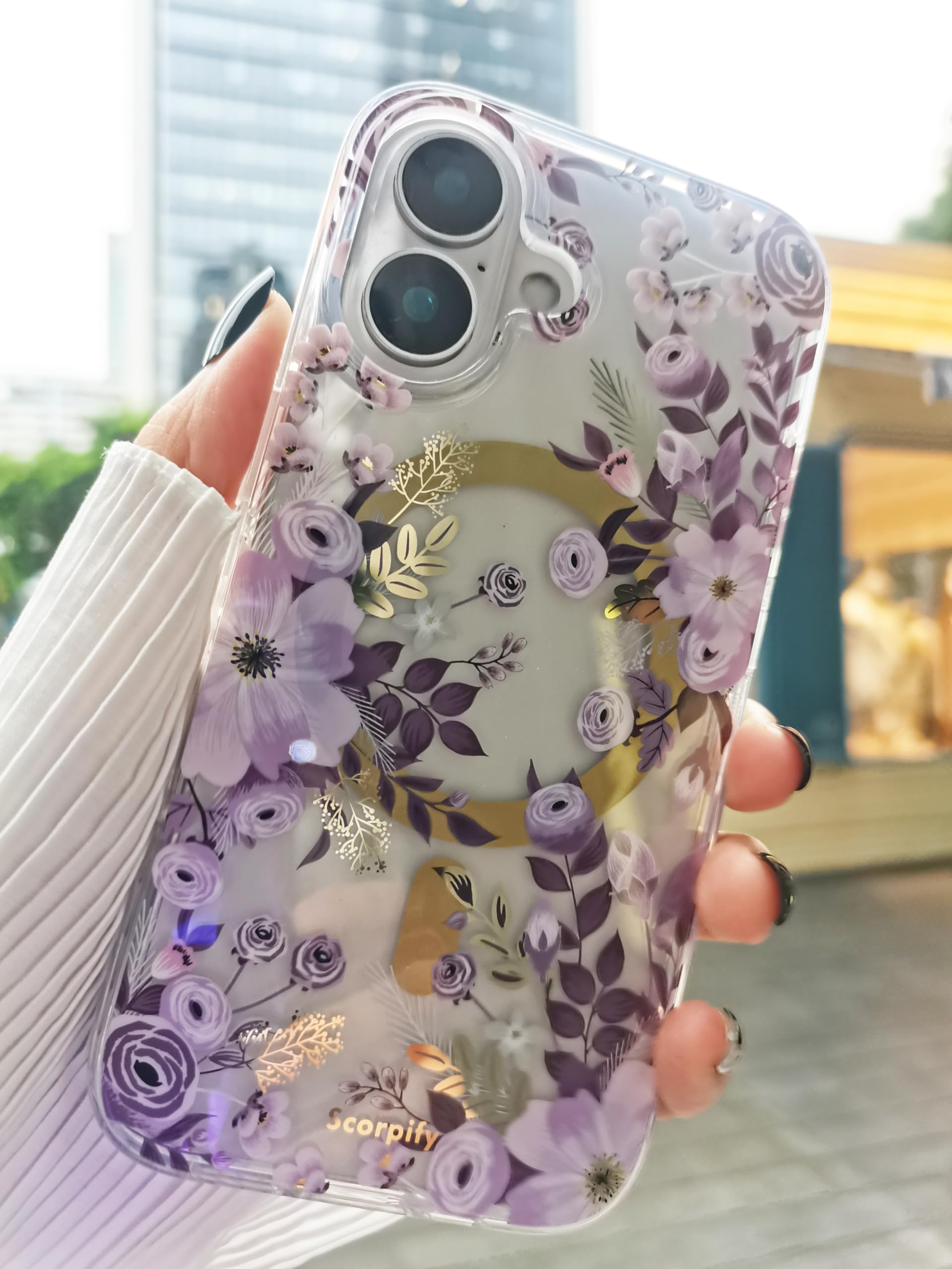 Scorpify For Iphone 16 Case [Compatible With Magsafe] With Purple Nemophila Floral Design, Cute Clear Flower Magnetic Phone Cove