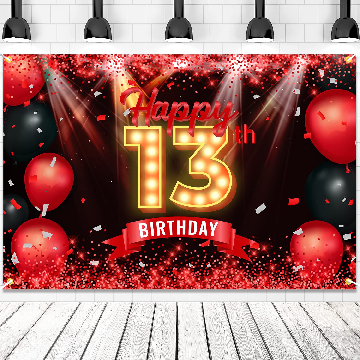 Happy 13th Birthday Banner Backdrop Red and Black 13 Years Old Background Bday Decorations for Girls Boys Photography Party Supp