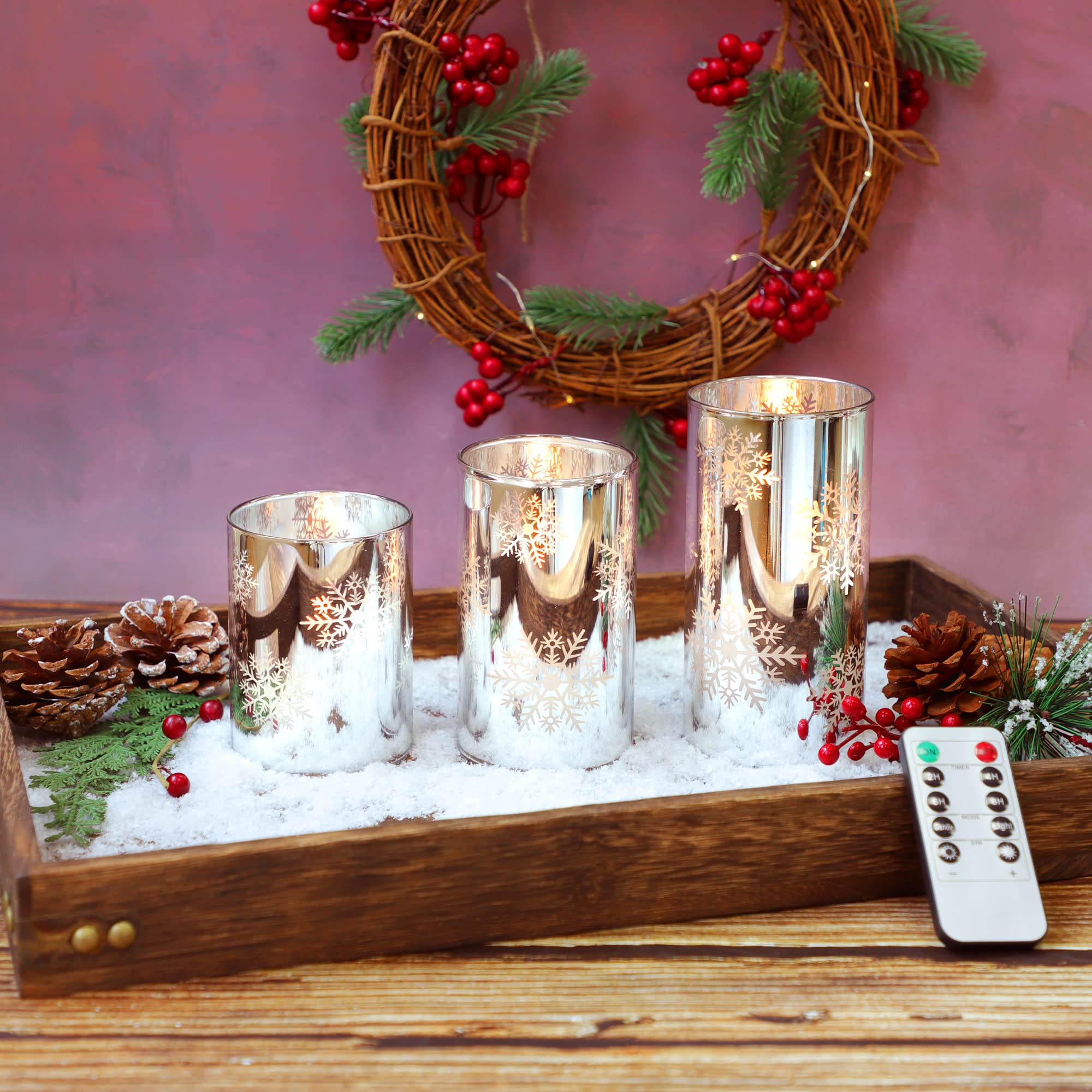 Crystal Club Christmas Flameless Candles With Remote, Set Of 3, Snowflake Plating Battery Operated Led Candles, Glass Effect Pil