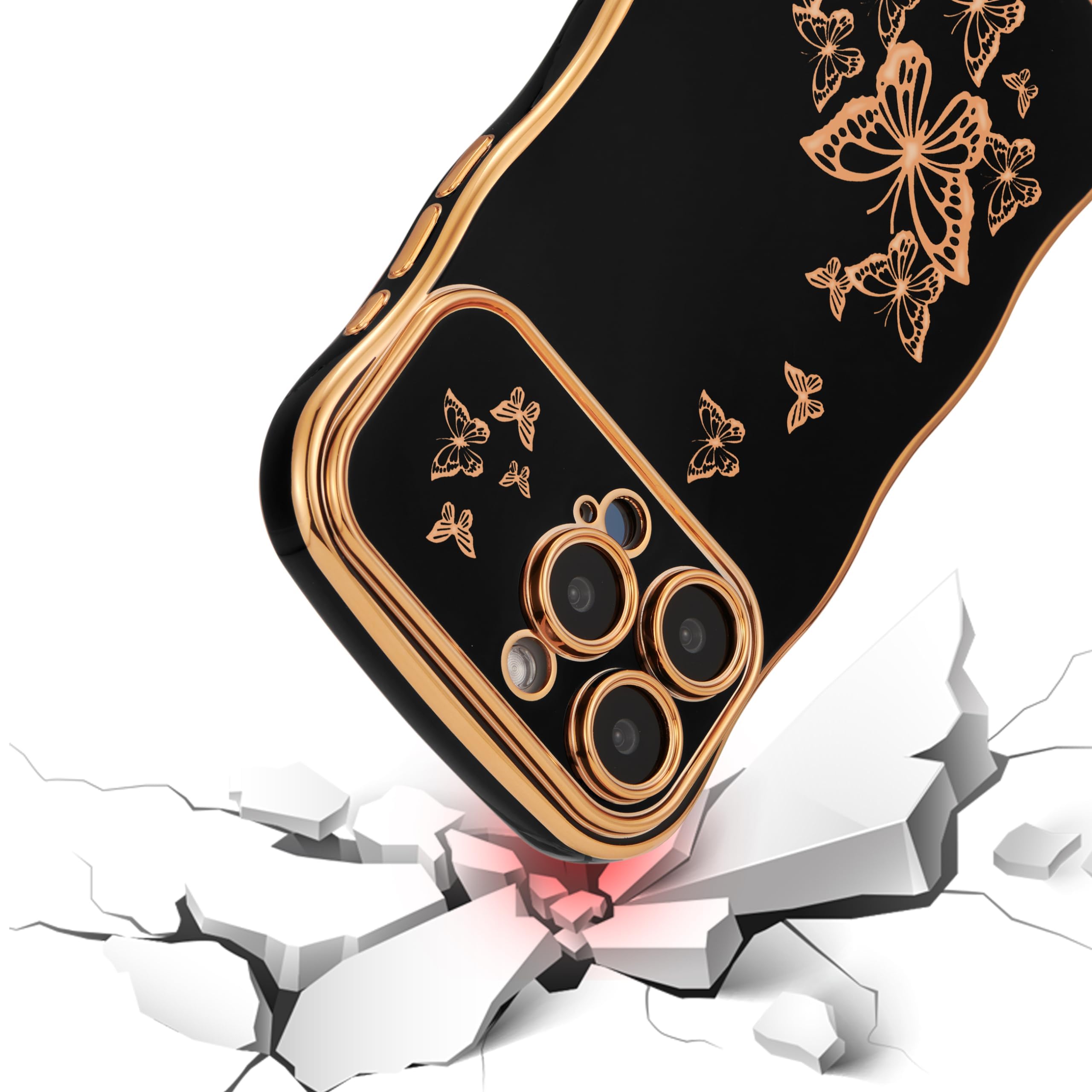 Ztofera For Iphone 15 Pro Max Case For Girl Women, Cute Curly Wave Frame With Luxury Plating Butterfly Pattern, Soft Tpu Shockpr