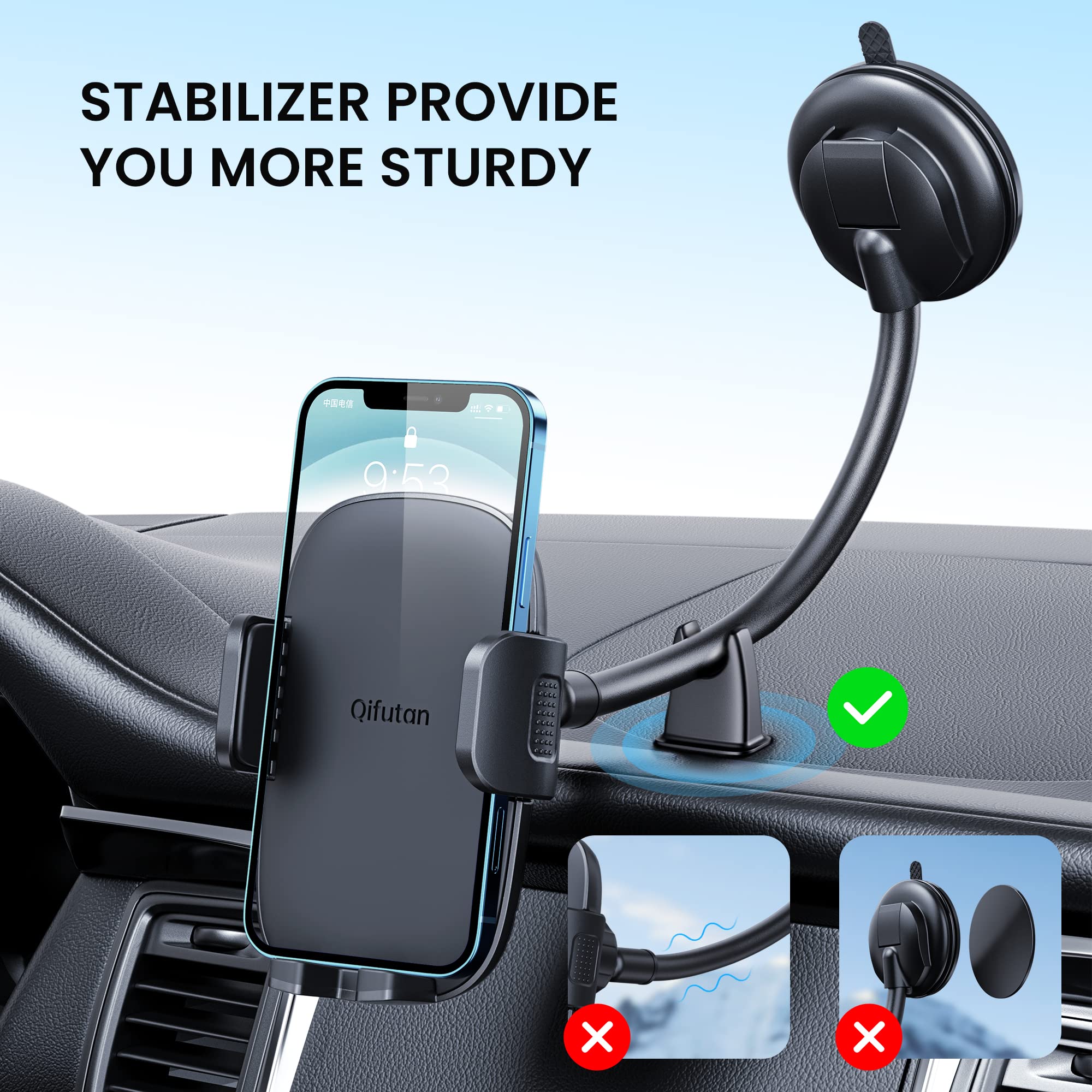 Qifutan Cell Phone Holder For Car Phone Mount Long Arm Dashboard Windshield Car Phone Holder Anti Shake Stabilizer Phone Car Hol