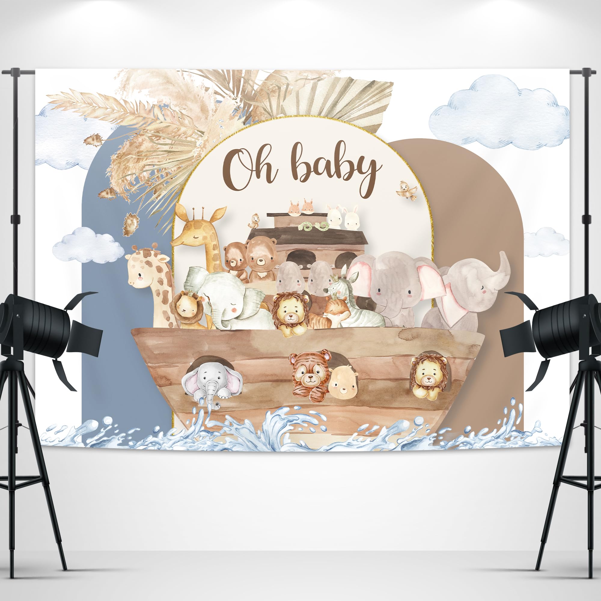 Glawry Noah'S Ark Backdrop For Photography 7Wx5H Feet Oh Baby Boho Blue Pampas Flower Cartoon Woodland Animal Ocean Lovely Cloud