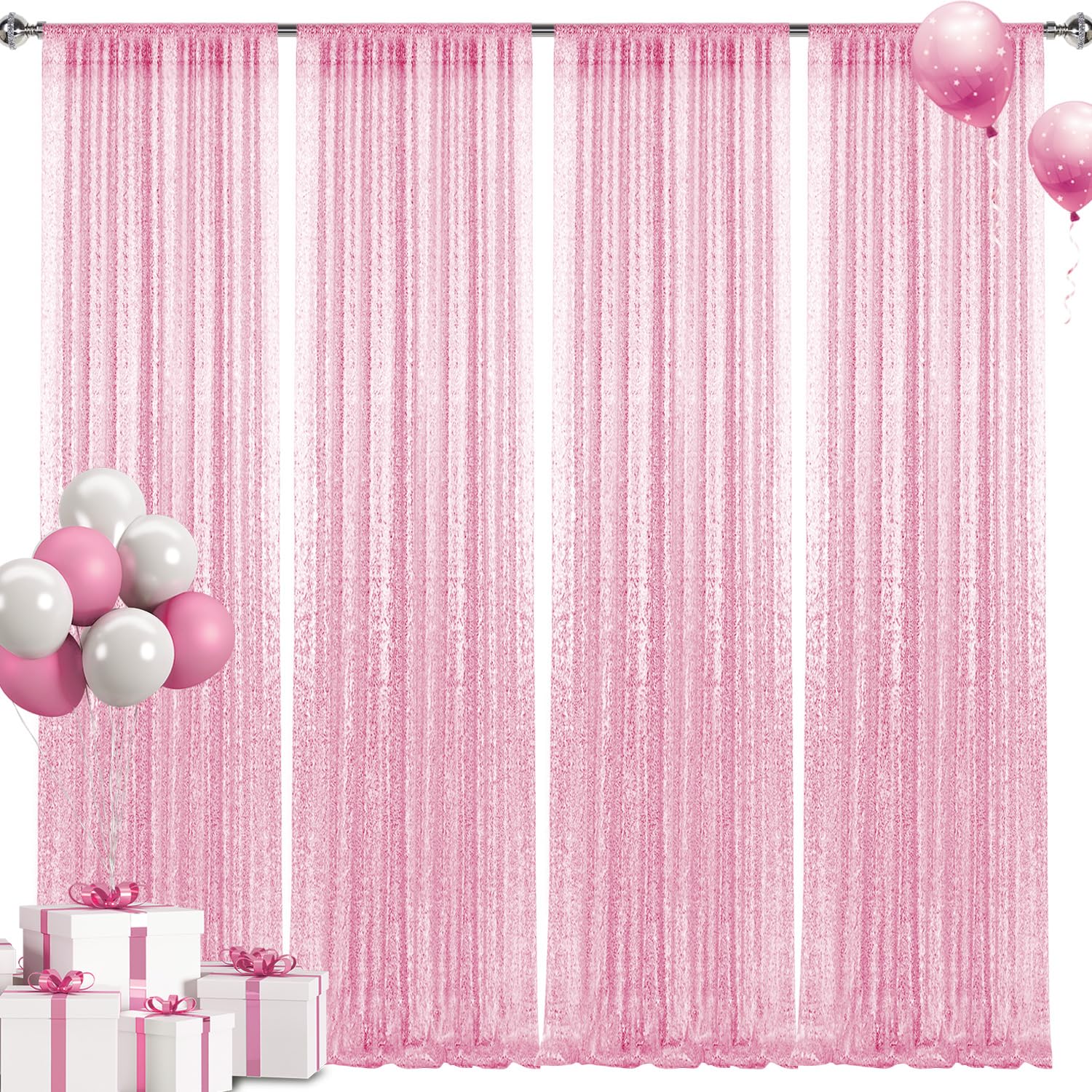 2  8Ft 4Pcs Pink Sequin Backdrop Curtains Panels, Photography Backdrop Glitter Curtains Fabric Background For Christmas Wedding