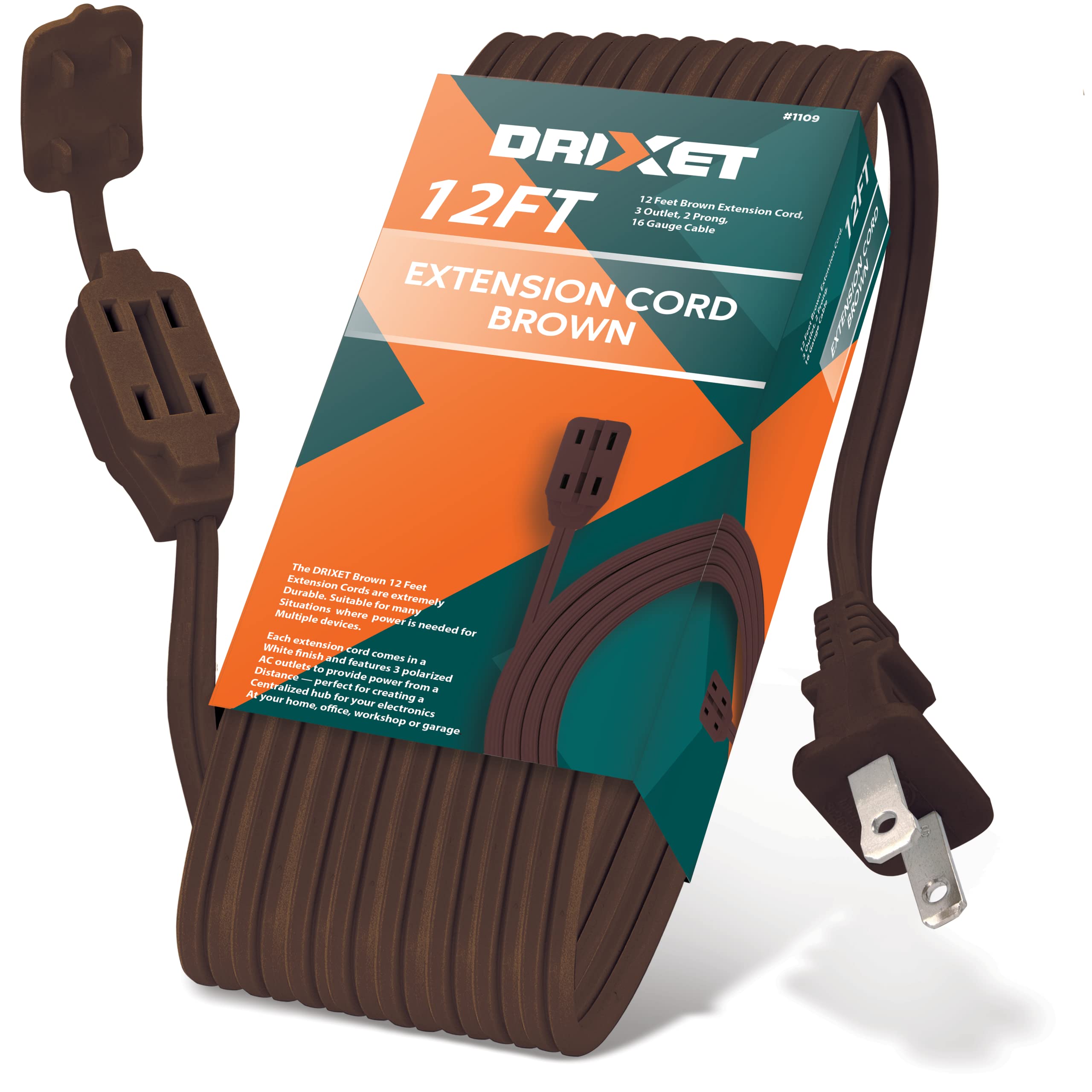 [Ul Listed] 12 Feet Brown Extension Cord, 3 Outlet 2 Prong 16 Gauge Cable, Indoor Use, 3 Receptacle Cube Tap, Extension Cord   B