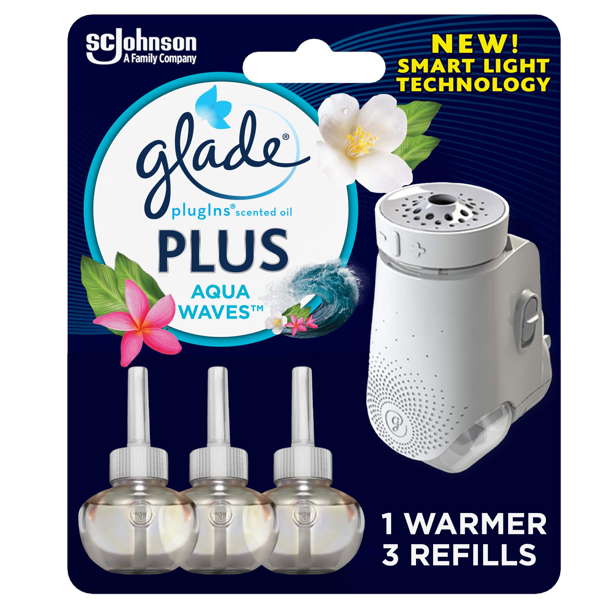 Glade Plugin Plus Air Freshener Starter Kit, Scented Oil For Home And Bathroom, Aqua Waves, 2.01 Fl Oz, 1 Warmer + 3 Refills