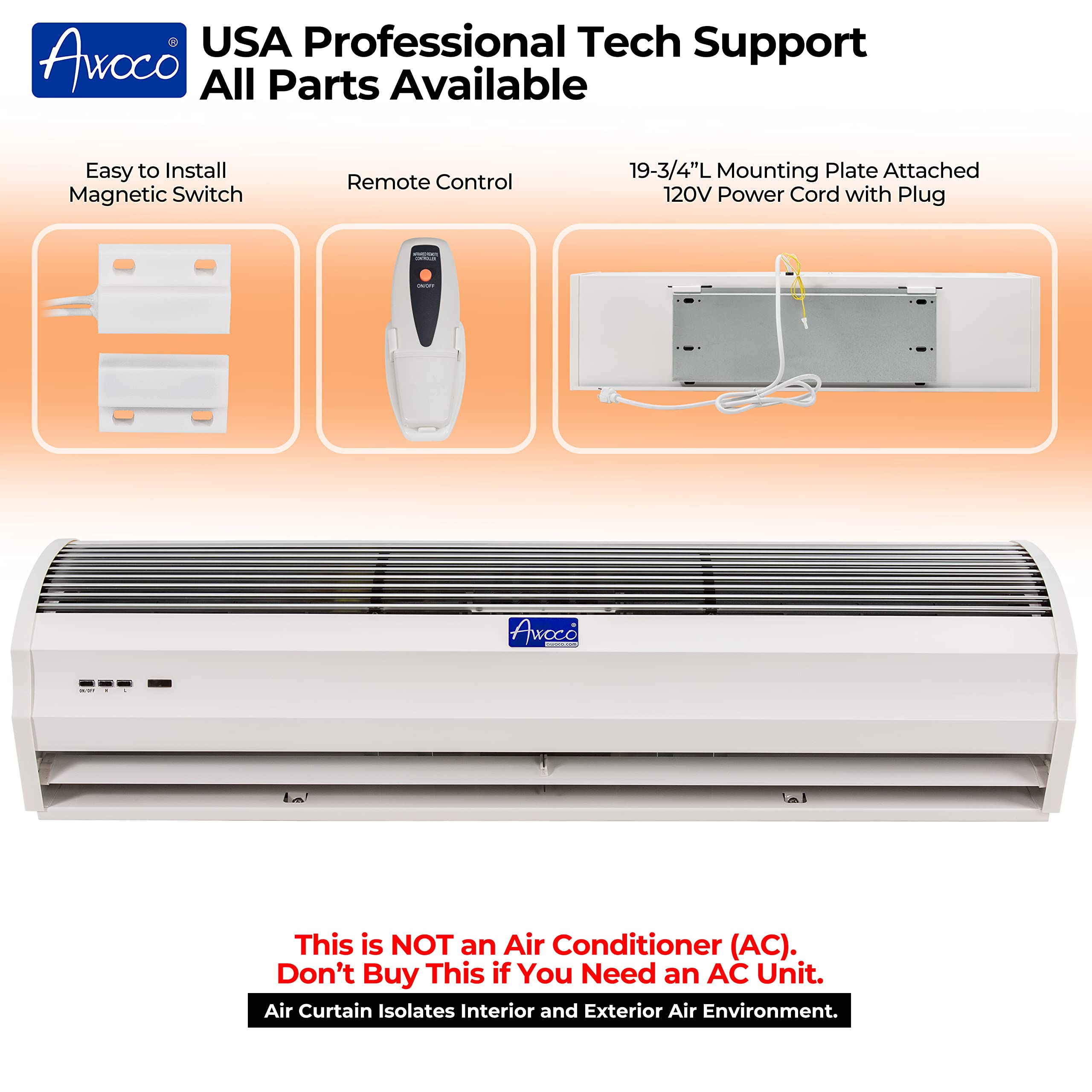 Awoco 48 Fm-1212T 1500 Cfm Slim Indoor Air Curtain, Ce Certified, 120V Unheated With Remote Control And Magnetic Switch, Powerfu