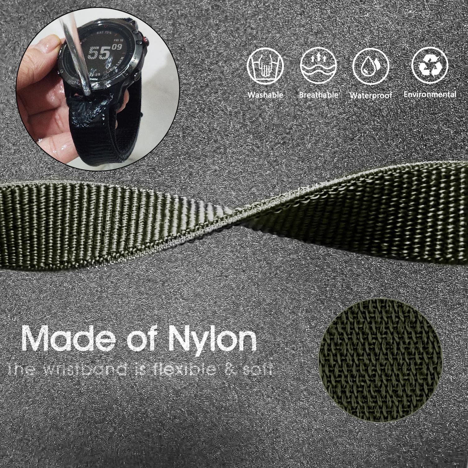 Abanen Hook And Loop Quick Dry Watch Band For Fenix 7X / Fenix 6X / Fenix 5X, 26Mm Woven Nylon Ultralight Sport Wristband Strap