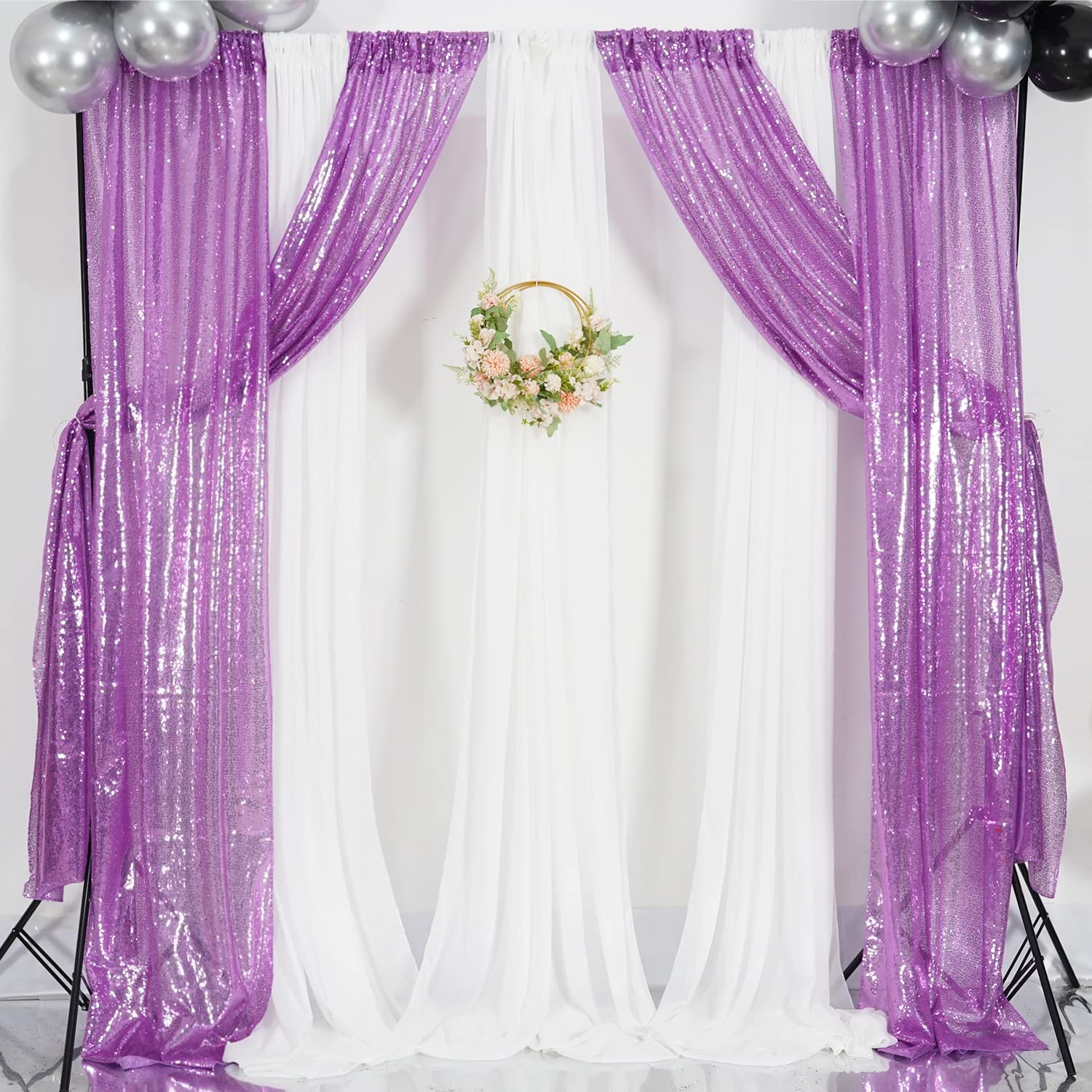 Poise3Ehome 2Pcs 2Ft X 8Ft Sequin Backdrop Curtains, Glitter Photography Background, Sequence Xmas Thanksgiving Backdrop (Lavend