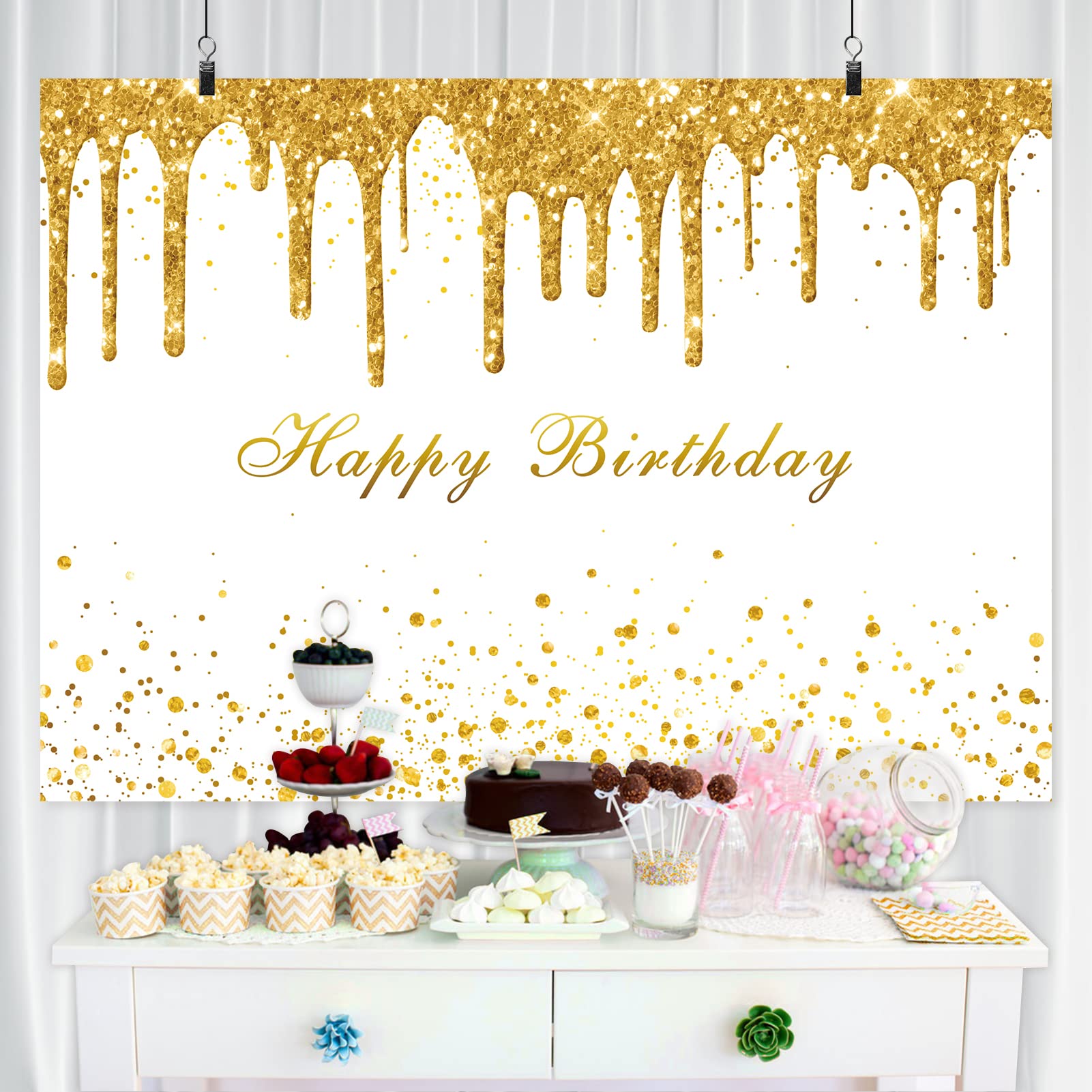 Rsuuinu Golden Birthday Party Backdrop For Girls Women Gold And White Bokeh Dots Glitter Photography Background Happy Birthday P
