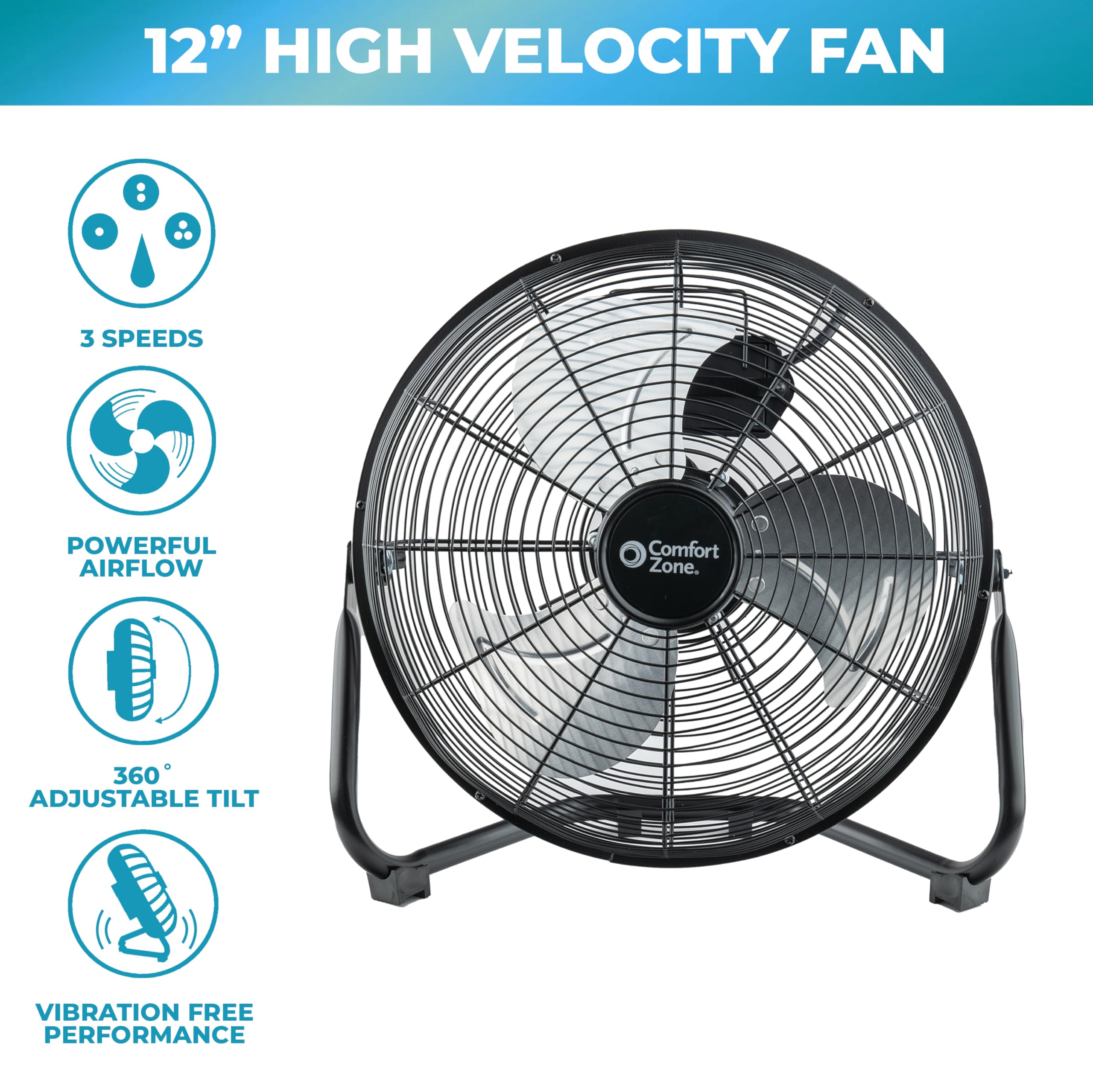 Comfort Zone Cradle Floor Fan, 12 Inch, 3 Speed, High Velocity, 180 Degree Adjustable Tilt, All-Metal, Carry Handle, Rubber Feet