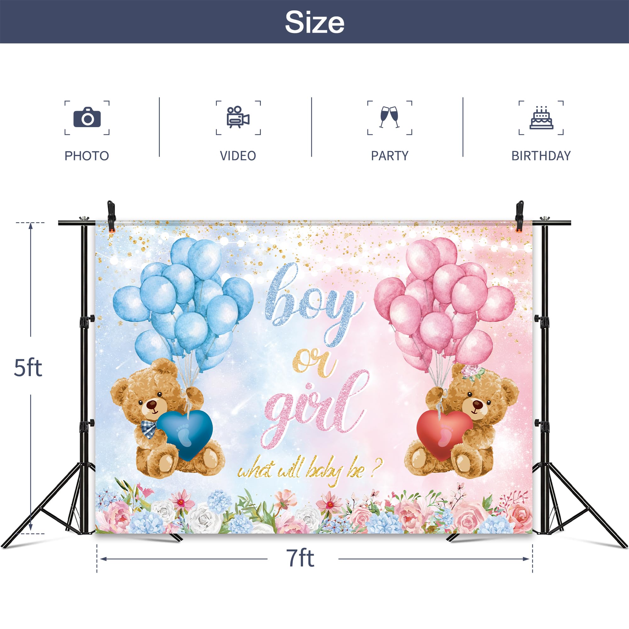 Omifly Bear Gender Reveal 7Wx5H Backdrop For Photography Boy Or Girl Pink Blue Balloon Floral Rose For Newborn Baby Shower Backg