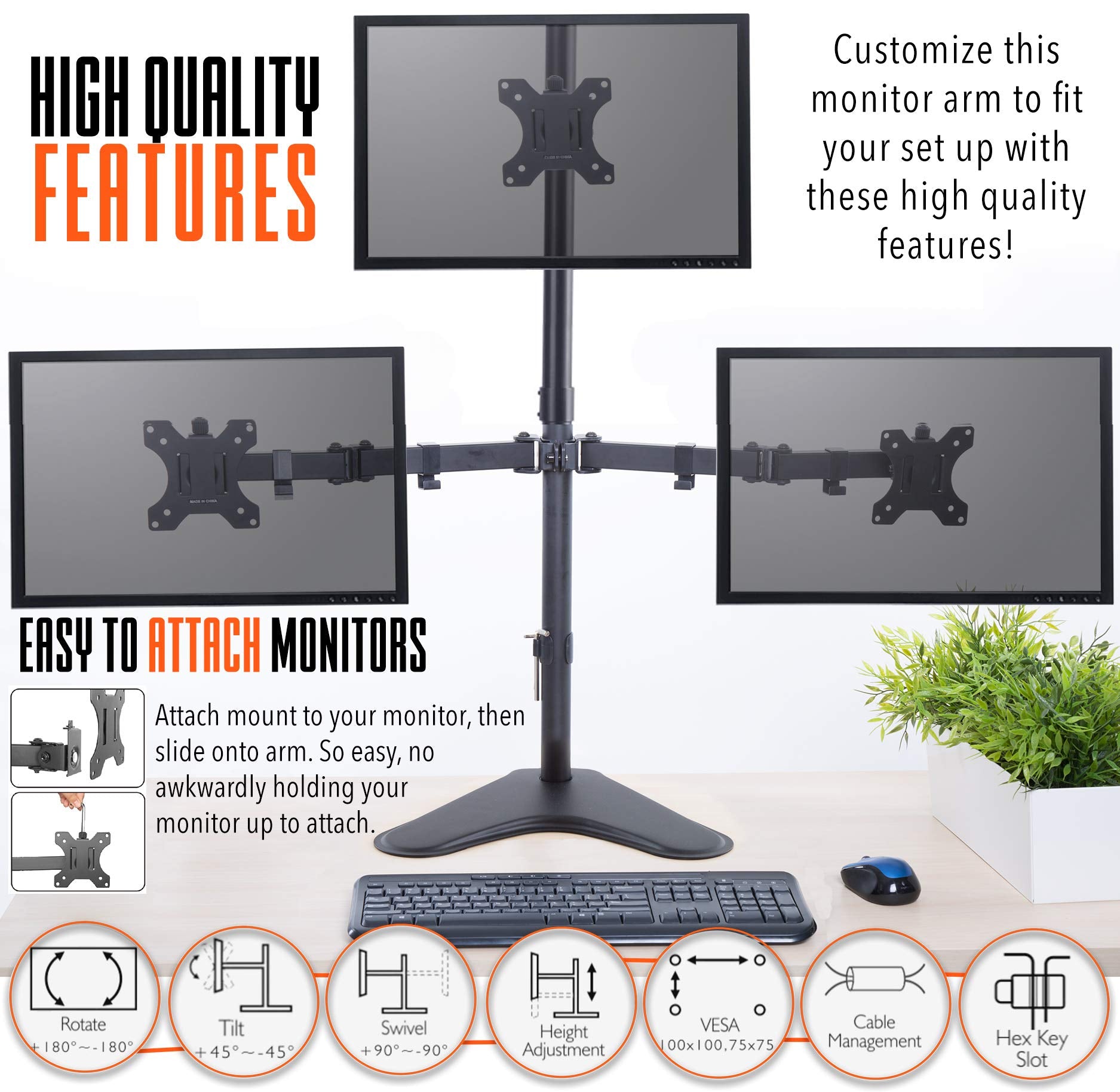Stand Steady Triple Monitor Desk Stand With Tabletop Base, For Home Or Office Use, Height Adjustable Computer Monitor Stand With Full Articulation Vesa Mounts, Fits Most Lcd/Led Monitors 13 32 Inches
