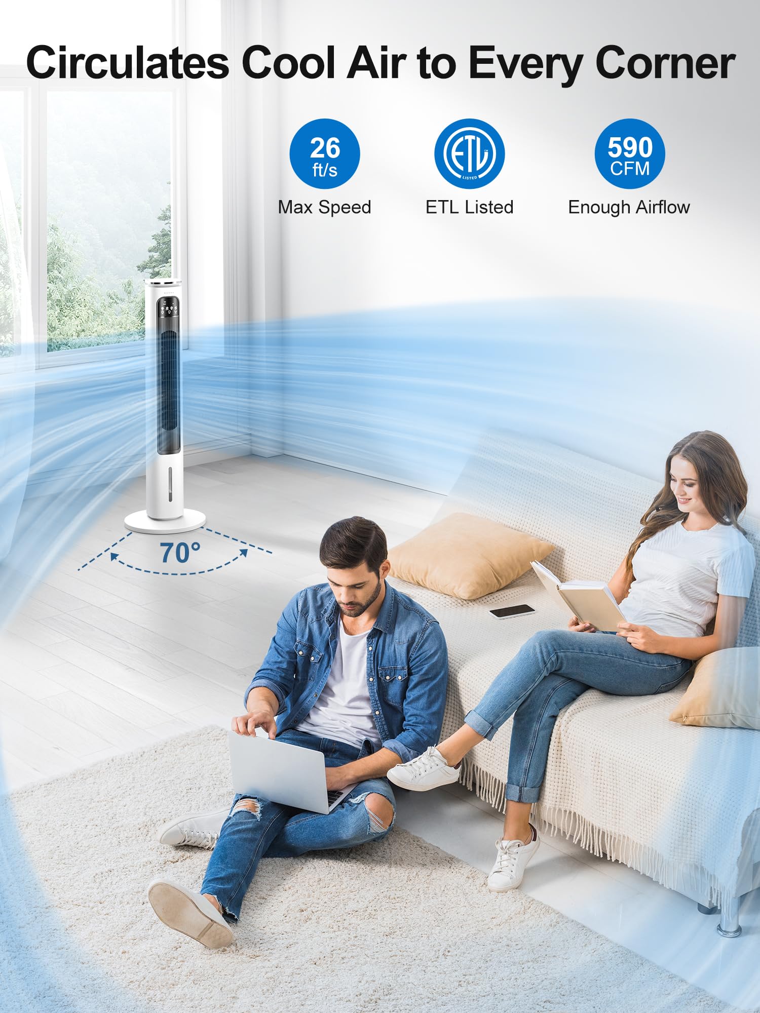 Evaporative Air Cooler, 37    Swamp Cooler, Portable Air Conditioners, 4 Modes, 12H Timer, 70 Oscillating, Removable Water Tank,