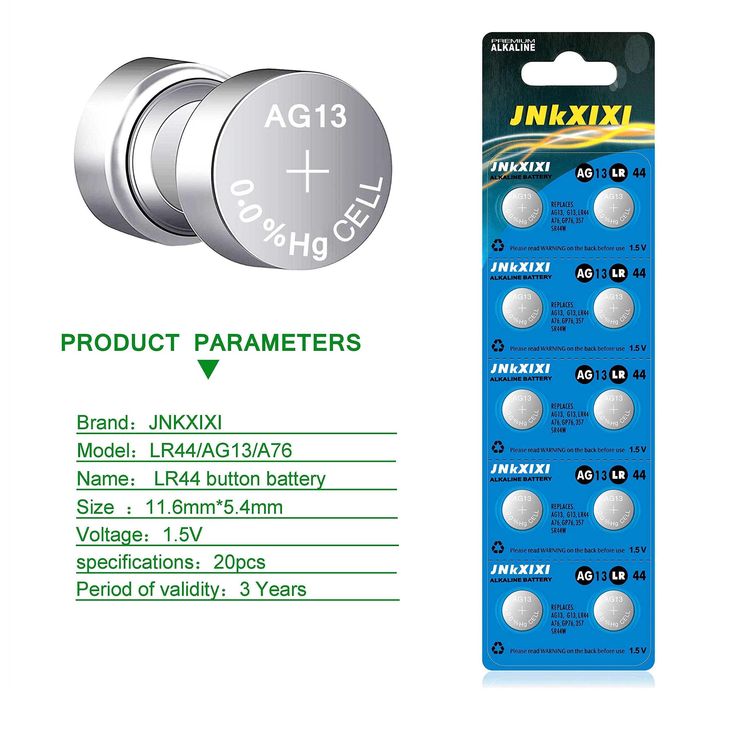 JNKXIXI LR44 AG13 1.5 Volt Alkaline Button Coin Cell Batteries 20 Pack