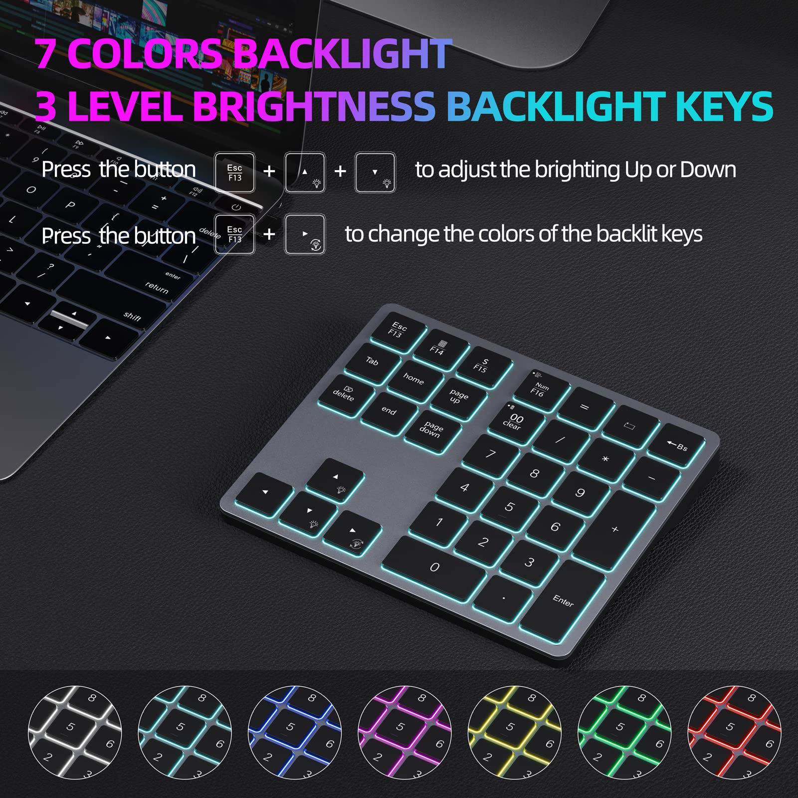Doohoeek Backlit Bluetooth Numeric Keypad For Laptops And Computers, Number Pads 34 Keys With 7 Color Backlight For Macbook & Wi