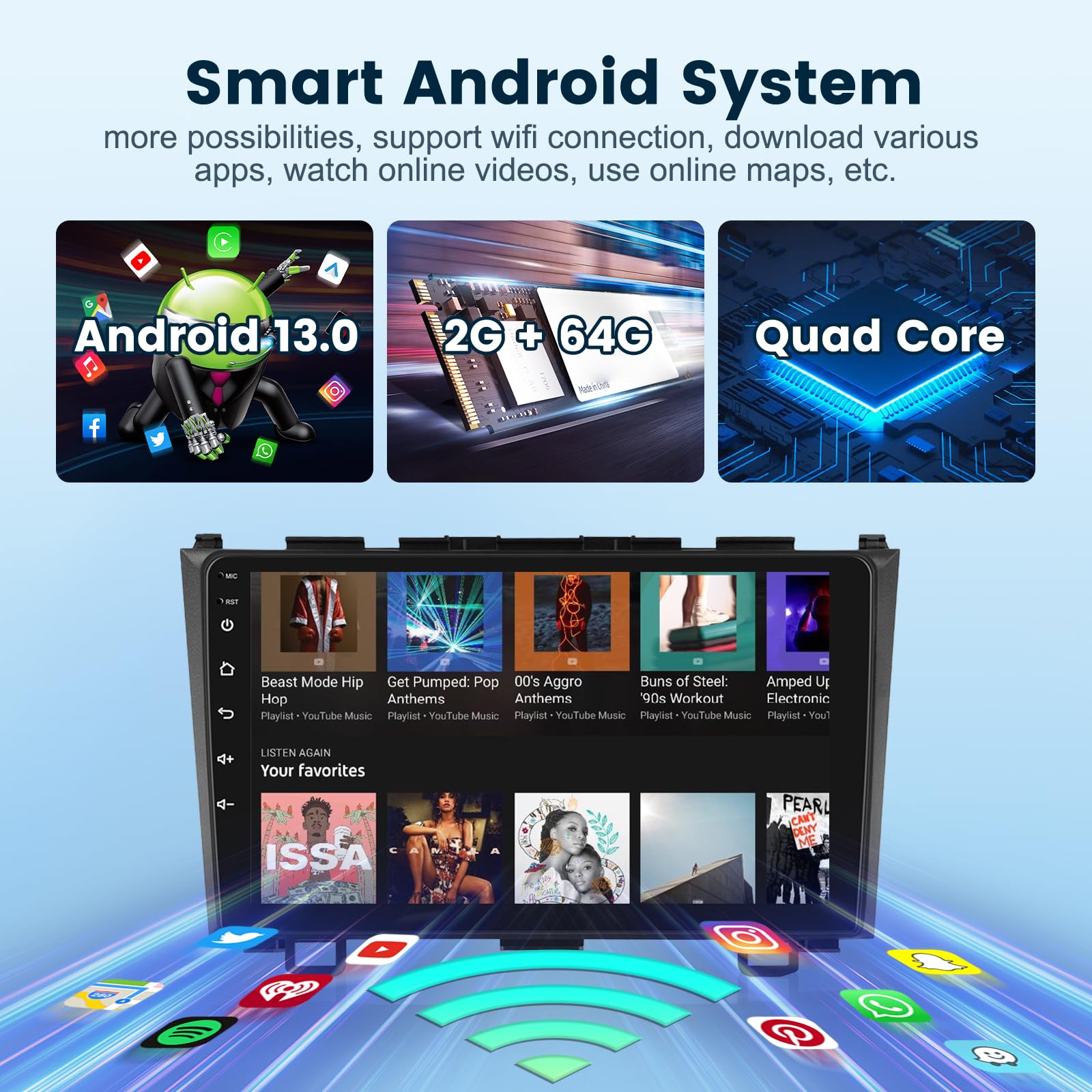 2+64G For Honda Crv 2007 2011 Android Car Stereo With Wireless Carplay/Android Auto, 9 Inch Touchscreen Bluetooth Car Radio Support Wifi Gps Navigation Usb Fm/Rds Swc Hifi Audio Backup Camera