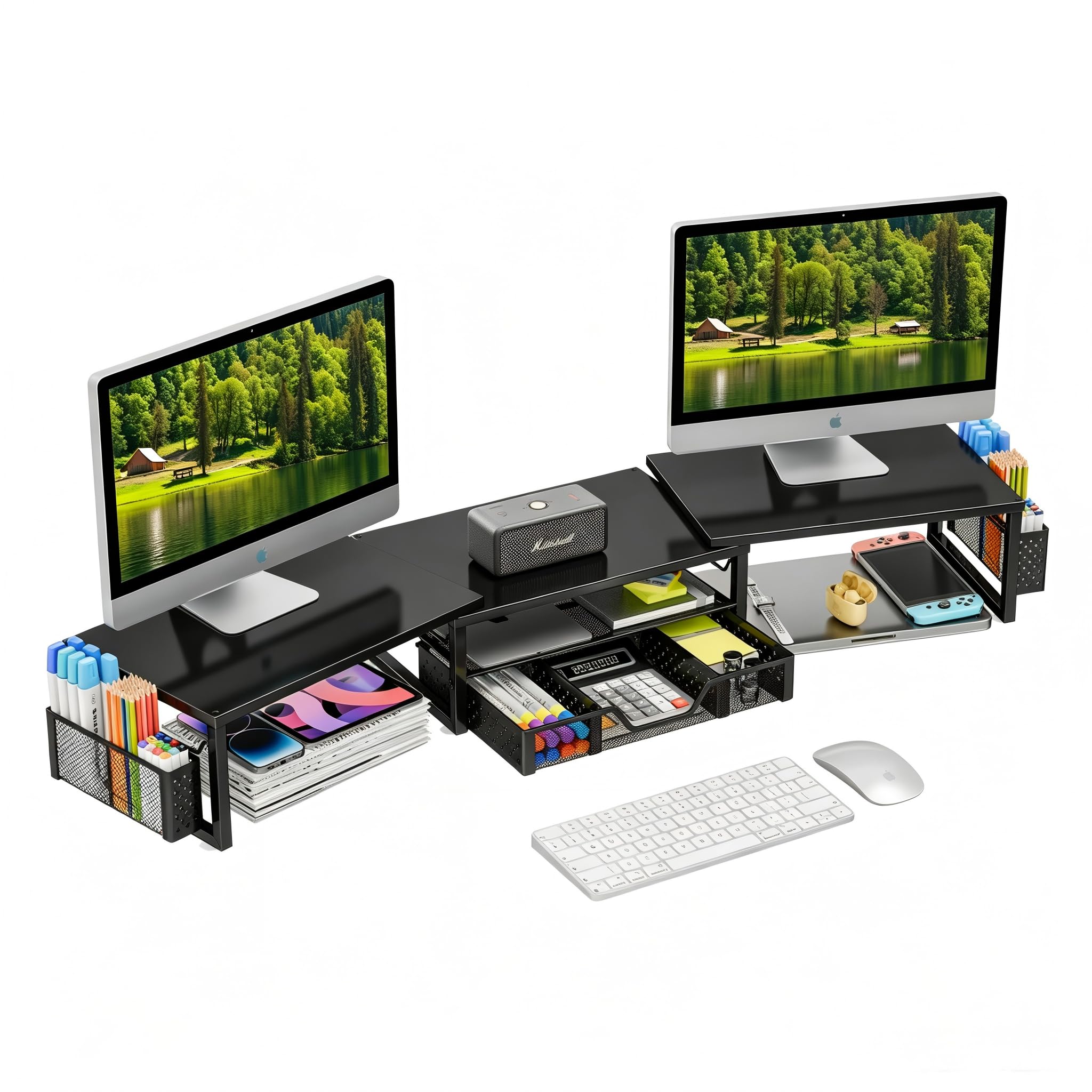 Simple Trending Dual Monitor Stand with Drawer and 2 Pen Holders, Black