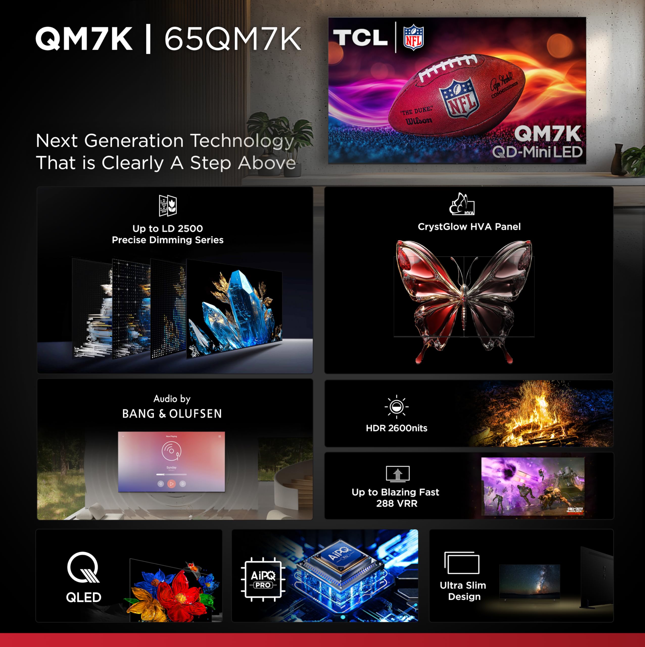 Tcl 65-Inch Qm7K Qled 4K Smart Qd-Mini Led Tv With Google Tv (65Qm7K, 2025 Model) Dolby Vision Iq, Dolby Atmos, Hdr, Game Accele