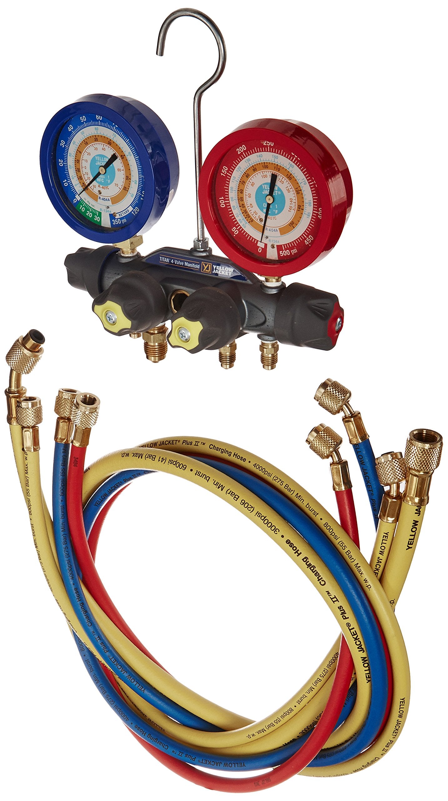Yellow Jacket 49955 Titan 4-Valve Test and Charging Manifold Degrees F, psi Scale, R-134A/404A/407C Refrigerant, Liquid Gauges