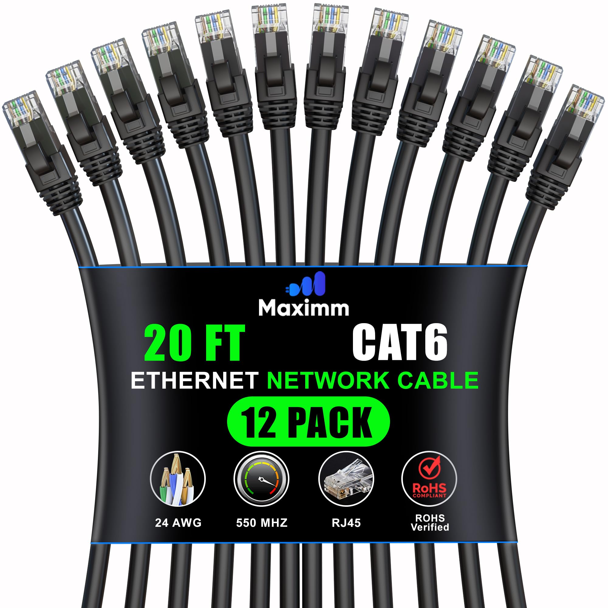 Maximm Cat 6 Ethernet Cable 20 Ft (12 Pack)   High Speed Lan Cable, Internet Cable, Patch Cable, And Network Cable   Utp, 10Gbps, 550Mhz Ethernet Cord   Black