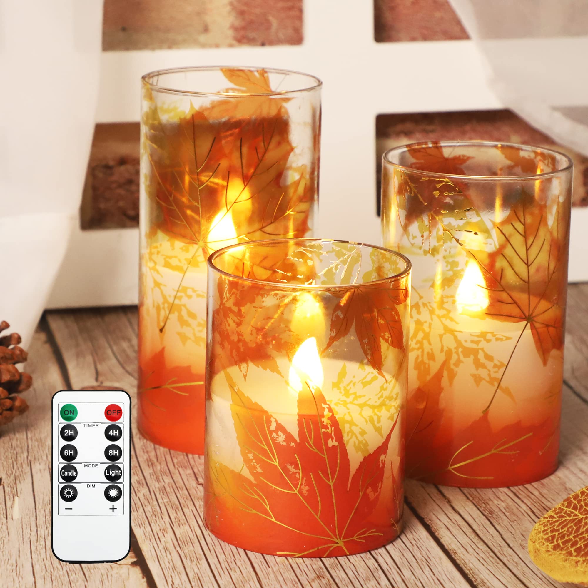 Gorge Moment Flameless Led Candles Battery Operated Flickering With Remote Timer Glass Effect Gold Red Maple Leaves Realistic Wa