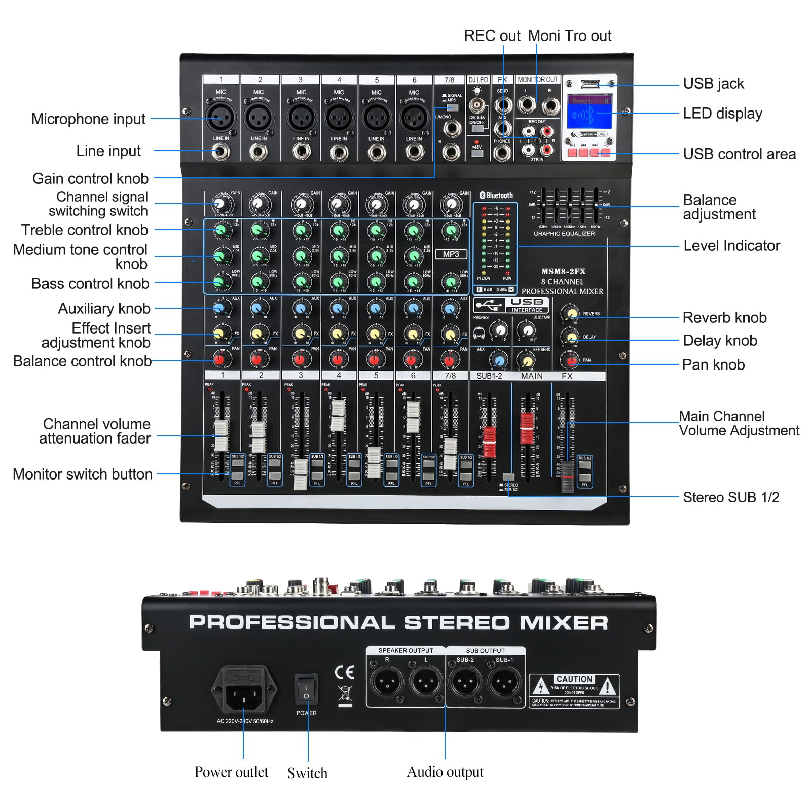 Dj Mixers 8 Channel Audio Mixer Sound Board With Bluetooth, Usb Audio Interface With 48V Phantom Power Sounds Mixer Board With F