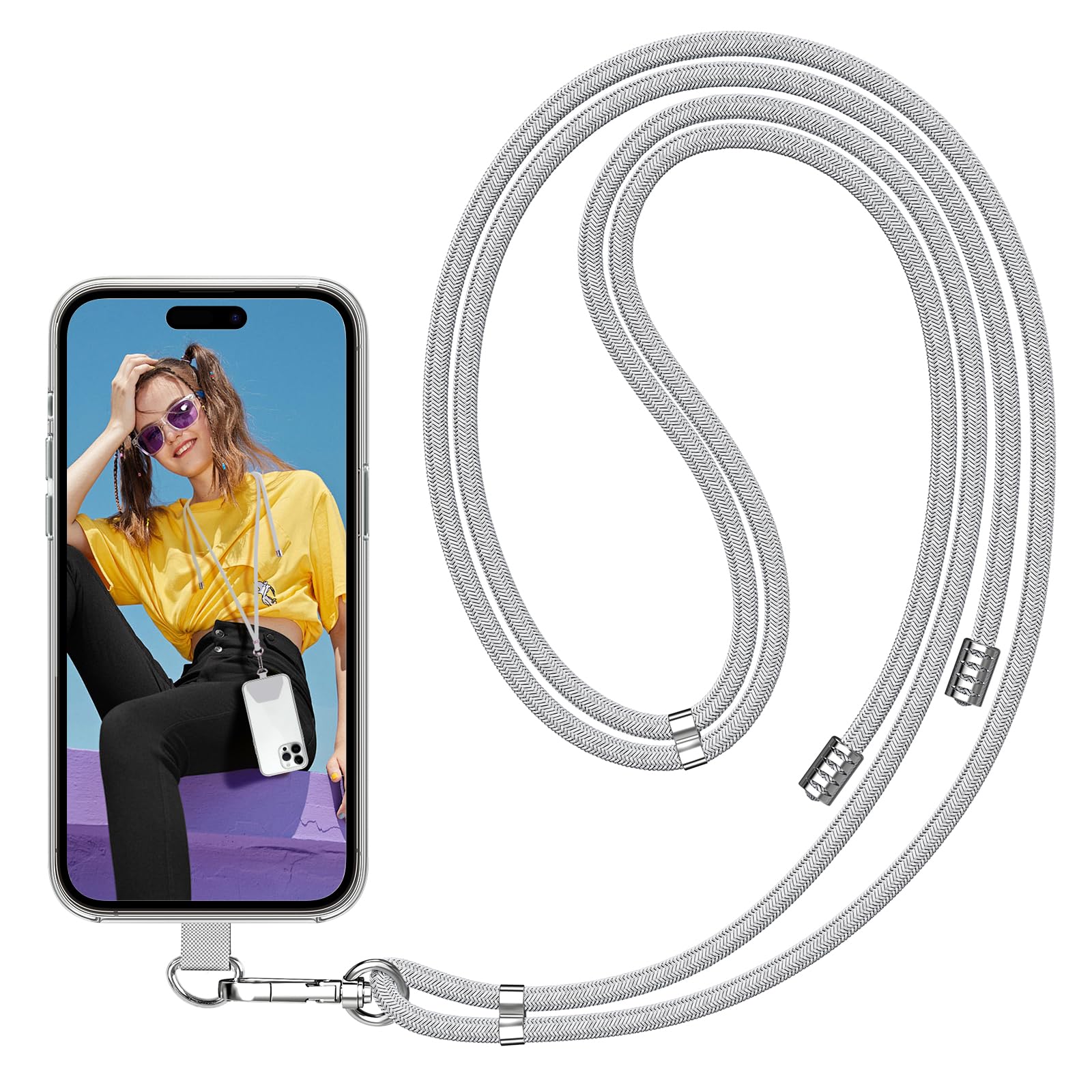 SS Phone Lanyard, Adjustable Detachable Neck Strap with Phone Patch Suitable for Any Cell Phone Smartphones - Grey