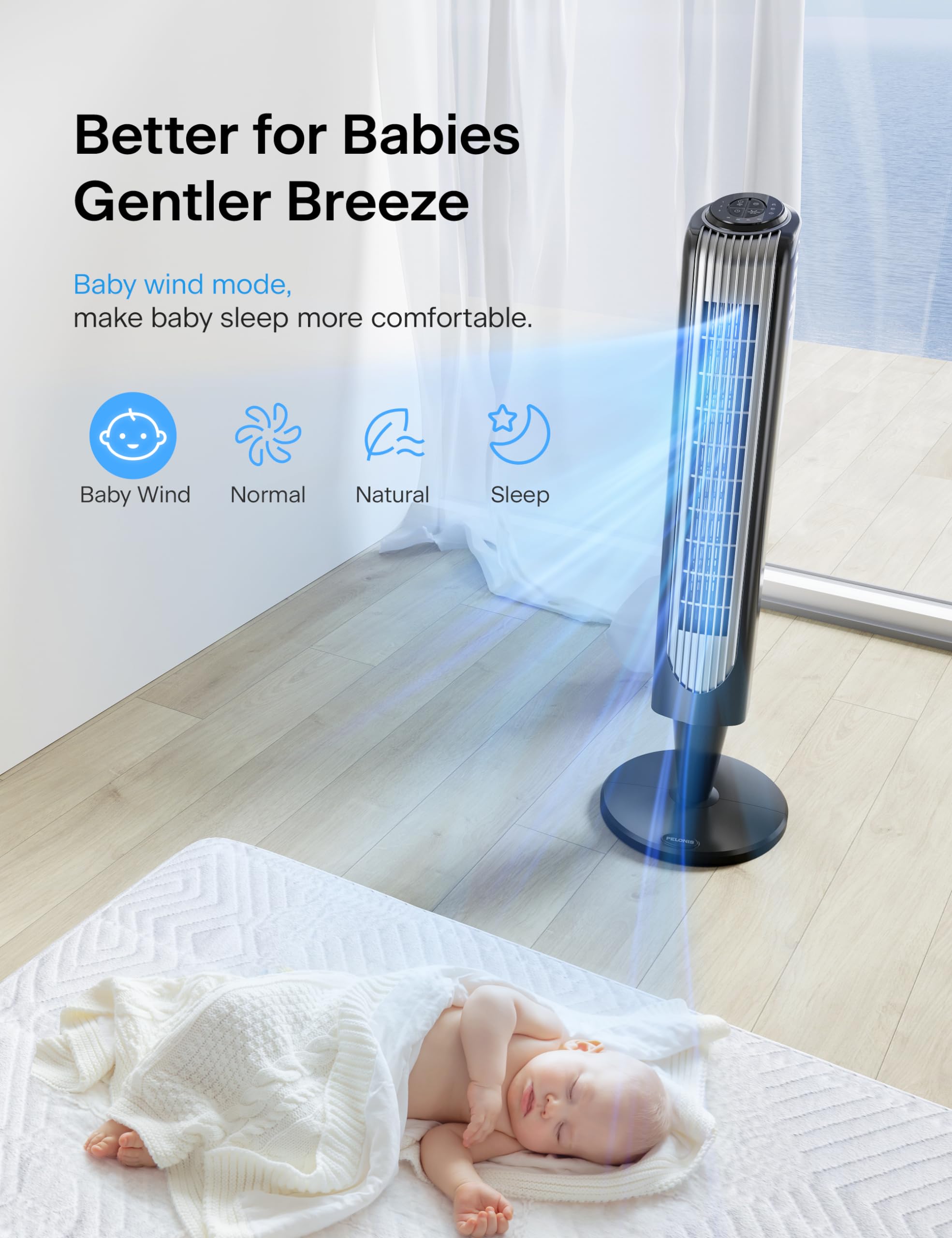 Pelonis 36 Inch Tower Fan For Bedroom   Oscillating Tower Fan With Remote Control   Indoor Quiet Fan With 3 Speeds, 4 Modes And