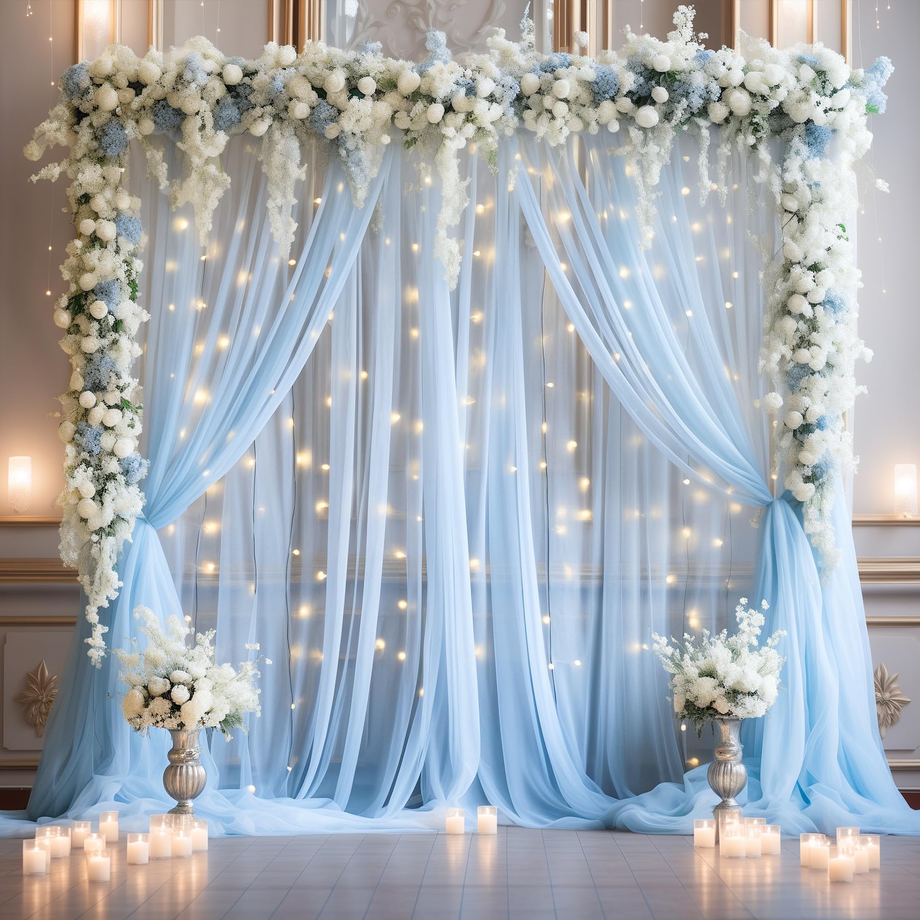 20X10Ft Baby Blue Tulle Backdrop Curtain With Lights String For Parites, Sheer Photo Backdrop Curtains With Lights For Wedding B