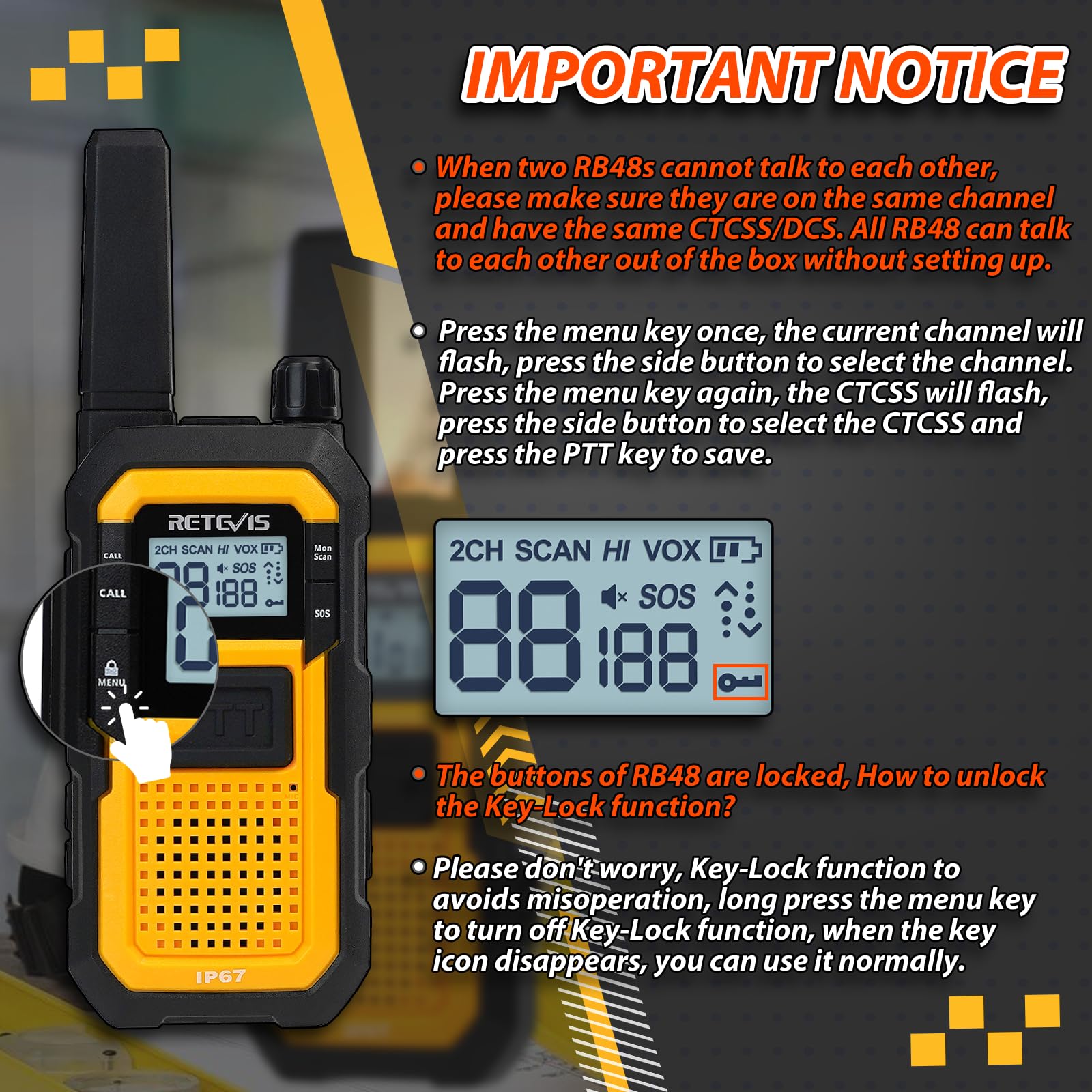 Retevis Rb48 Waterproof Walkie Talkies, Heavy Duty Two Way Radio, Advanced Triple Proof, Vibration Call, Usb C, Sos,2000Mah, Noaa, 2 Way Radio(2 Pack) Yellow