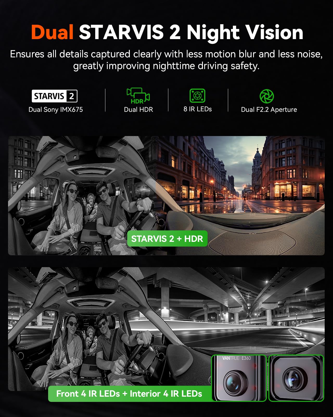 Vantrue E360 Ace 5.2K 360 Panoramic Wifi Dash Cam, Handheld Action Camera, Starvis 2, Hdr, Ir Night Vision, Front Rear Inside Da