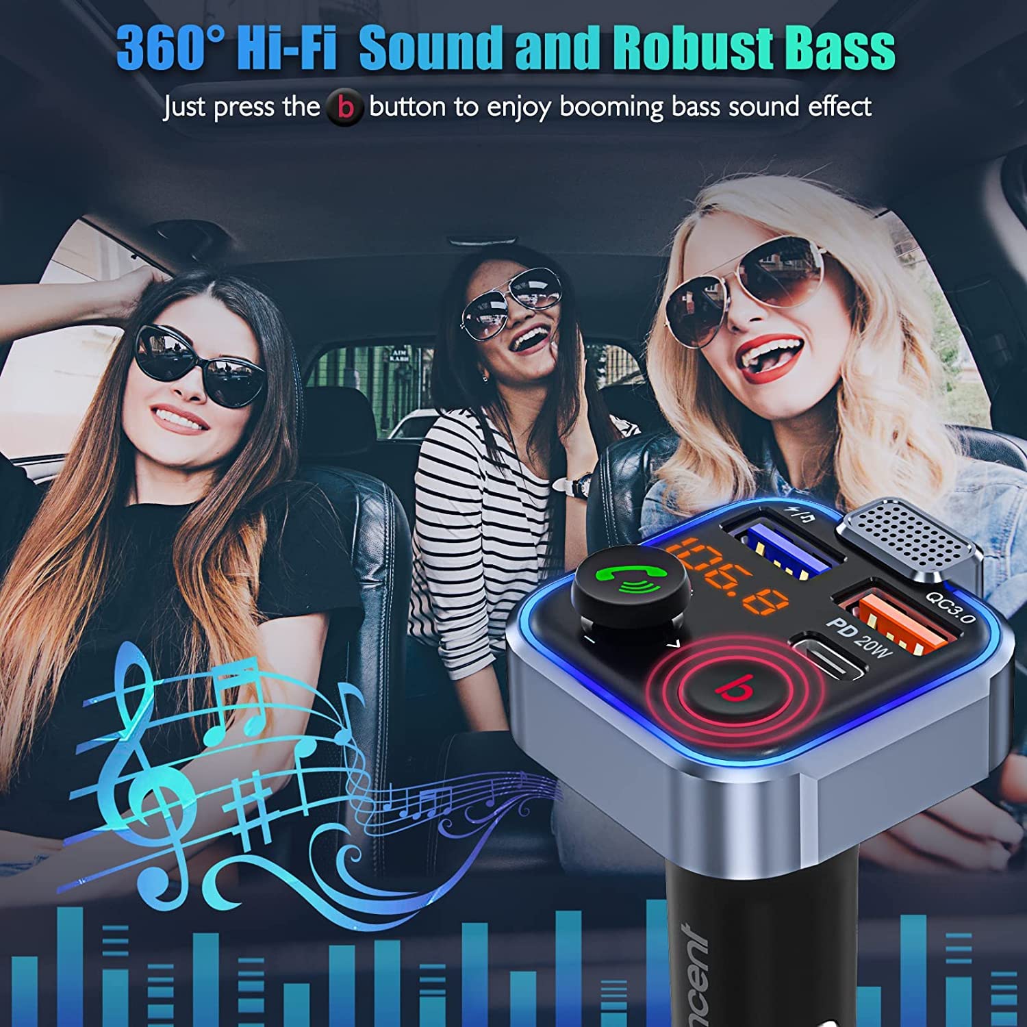 Lencent Fm Transmitter In Car Adapter,Type C Pd 20W+ Qc3.0 Fast Usb Charger, Wireless Bluetooth 5.0 Radio Car Kit,Hands Free Cal