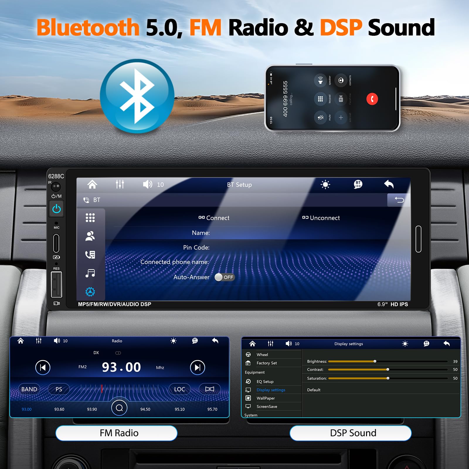 Unitopsci Single Din Bluetooth Car Stereo Compatible With Apple Carplay Android Auto 6.86 Inch Touch Screen Car Mp5 Player Mirro