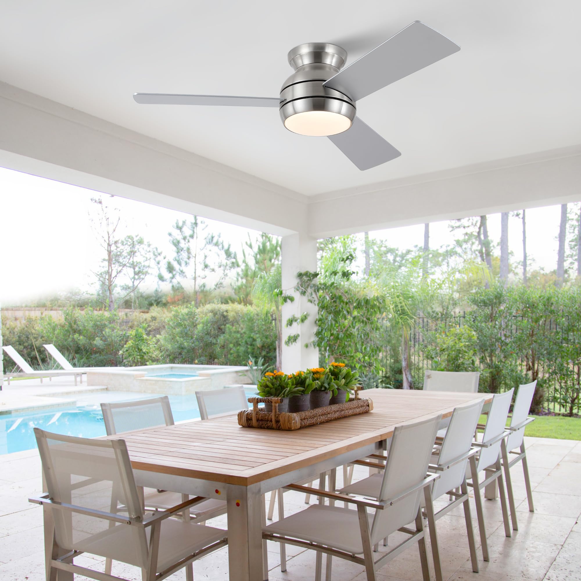 Putroad 42 Inch Ceiling Fans With Lights And Remote, Brushed Nickel Low Profile Ceiling Fan With Light, Flush Mount, Reversible,