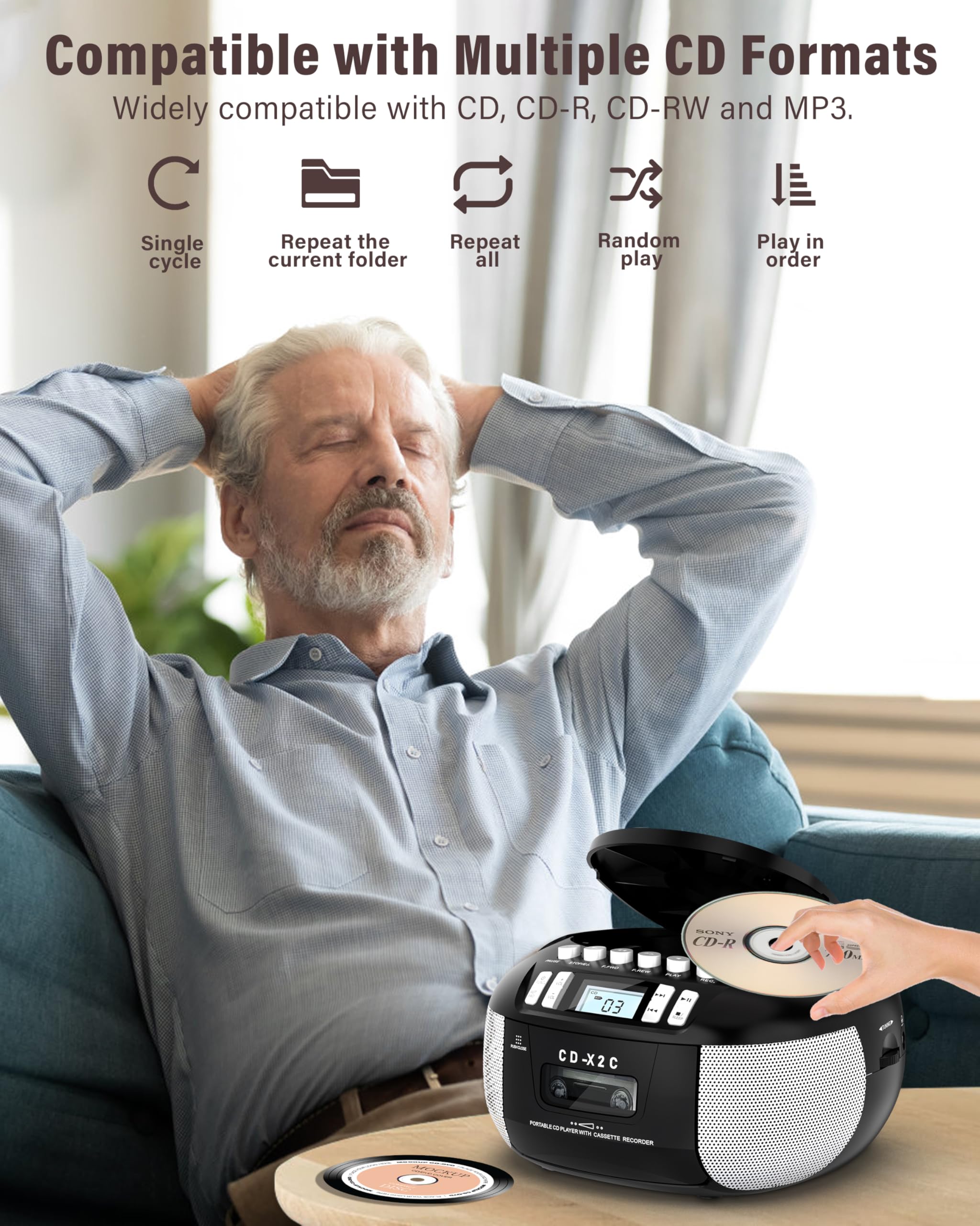 Pbochi Portable Top Loading Cd Boombox With Am/Fm Stereo Radio, Tape Recorder, Aux In Cable And Ac Powered, Battery Operated, Pr