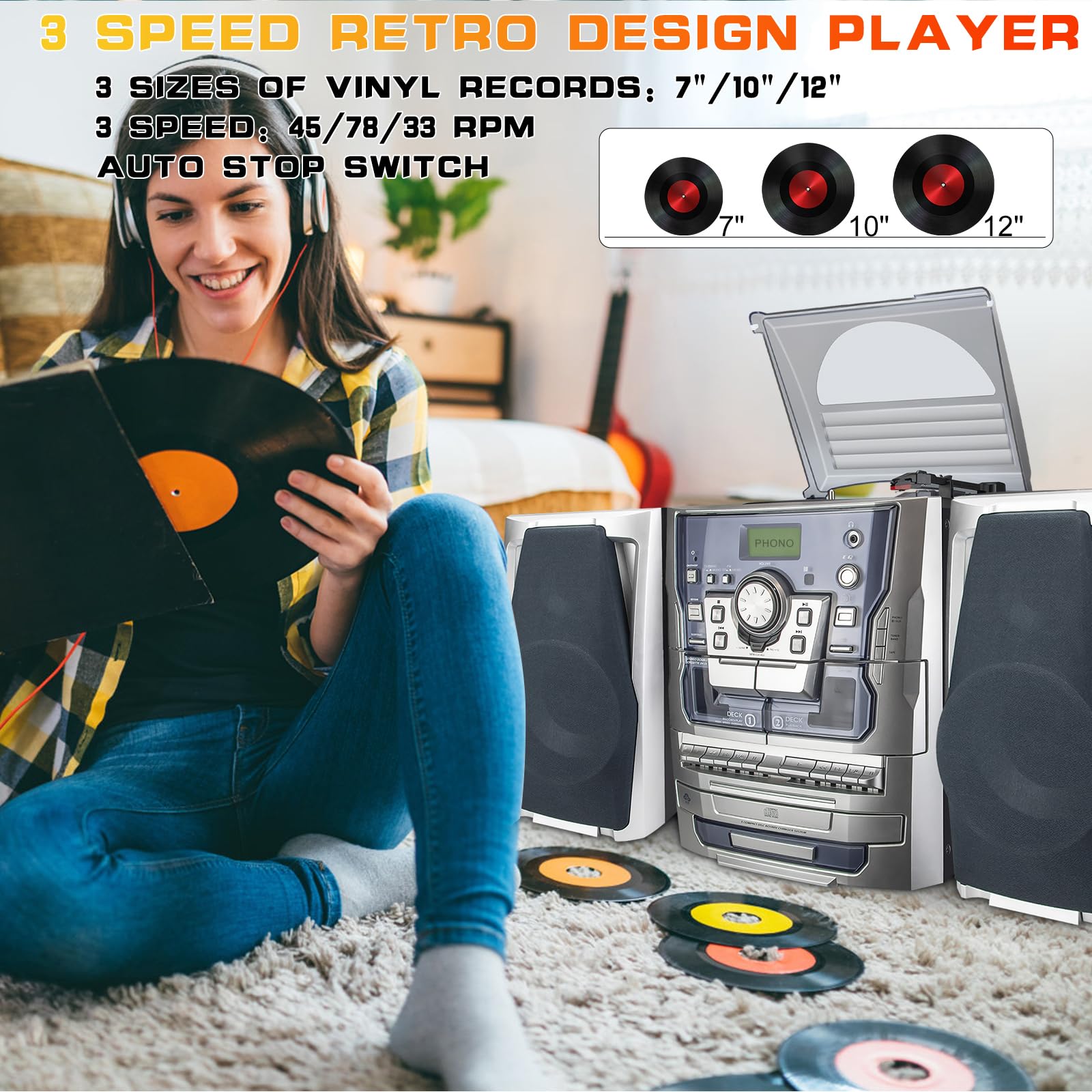 Hongut Bluetooth Vinyl Stereo Record Player, 3-Speed Stereo Turntable Cd Player Music System With Dual Cassette Deck, Digital Al