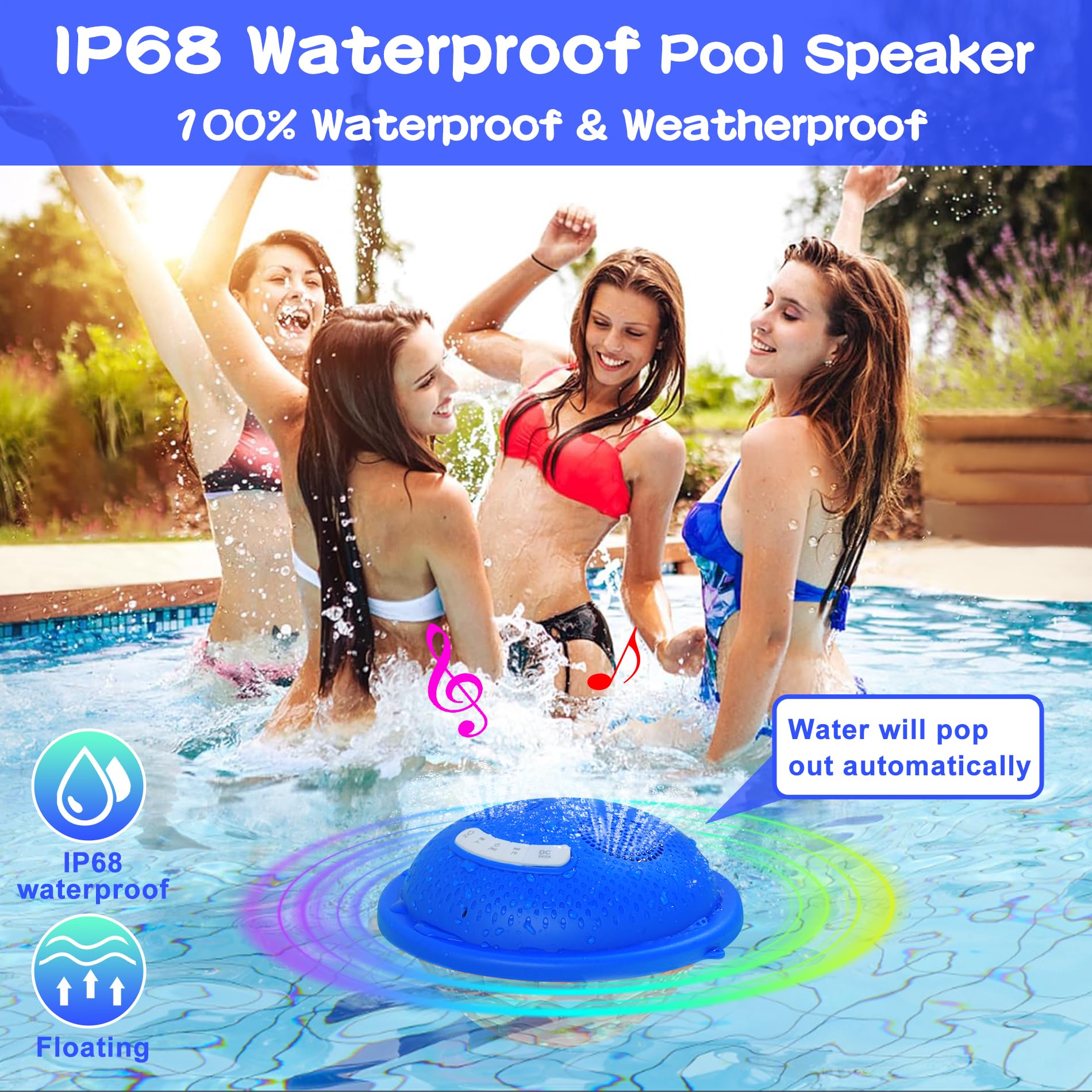 Kingsom Bluetooth Pool Speaker,Floating Pool Speaker With Colorful Lights,Hot Tub Speaker Ip68 Waterproof Pool Speaker,16W Loud Stereo Sound Bluetooth Speaker,Tws Pairing Floating Speaker For Pool