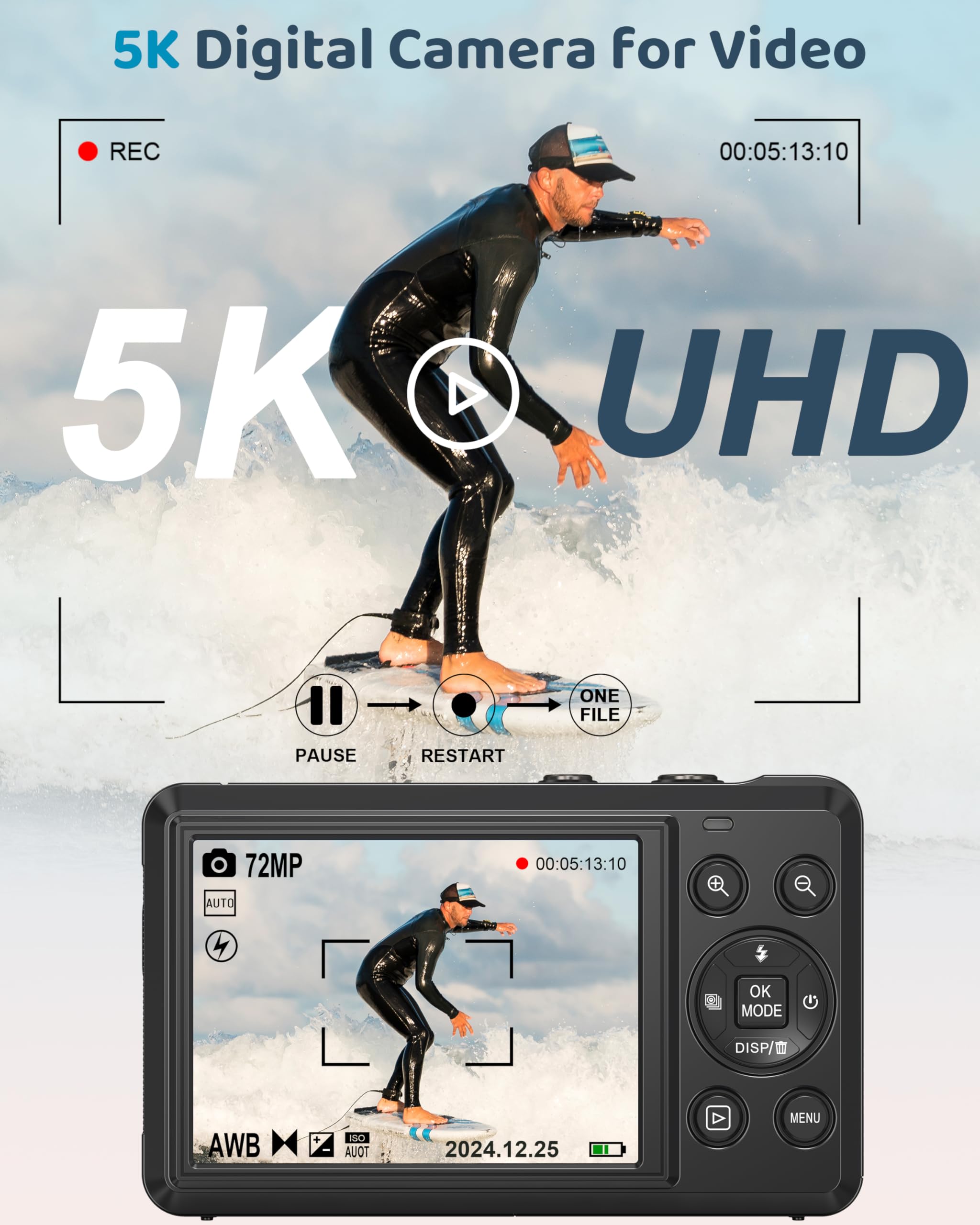 5K Digital Camera - 72Mp Uhd Digital Cameras For Photography - Autofocus Point And Shoot Small Camera With Flash For Kids - 2.8