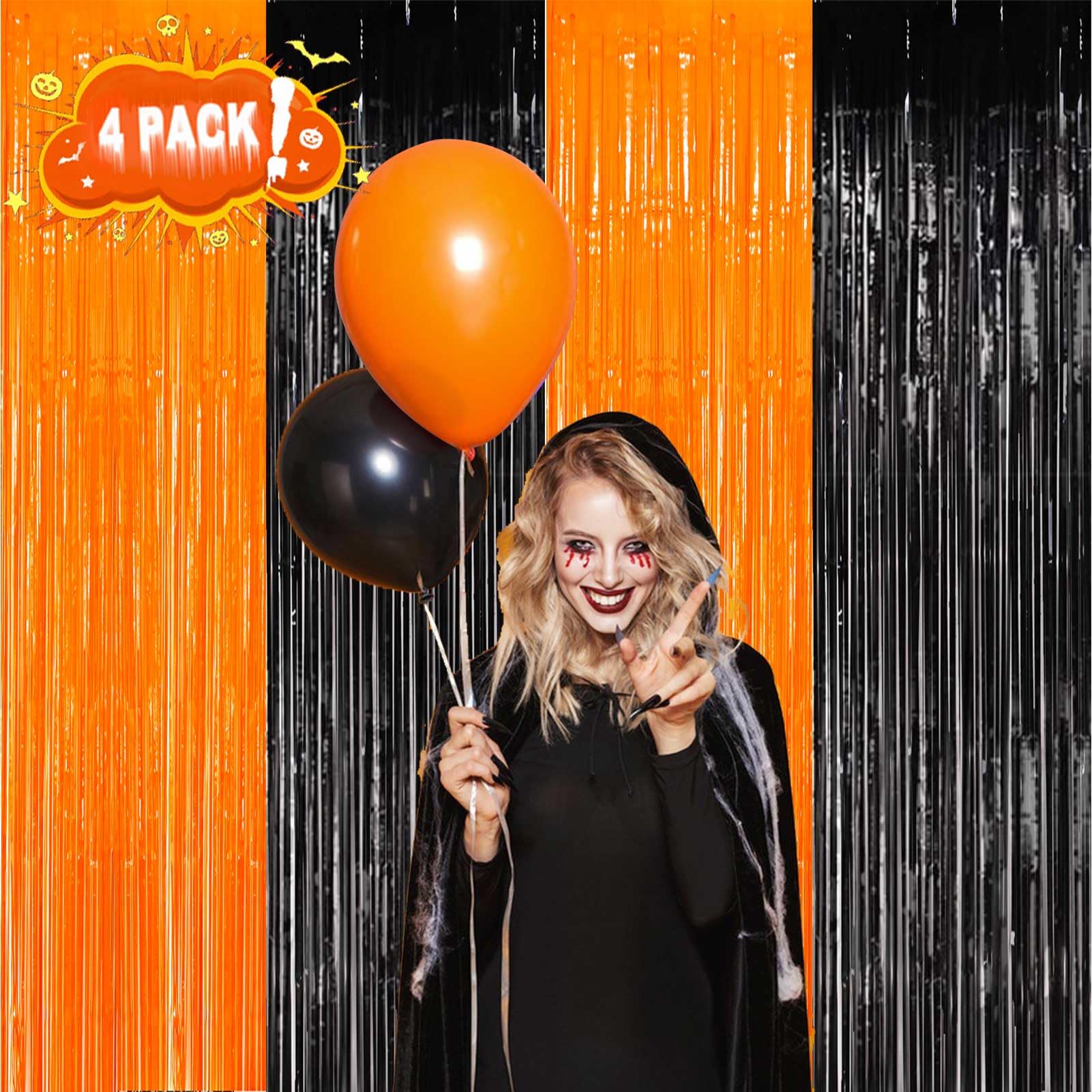 Eufars Foil Fringe Curtains 4 Pack Of 3.2X8.2Ft Orange Black Foil Fringe Curtains For Birthday Halloween Photo Backdrop Party De