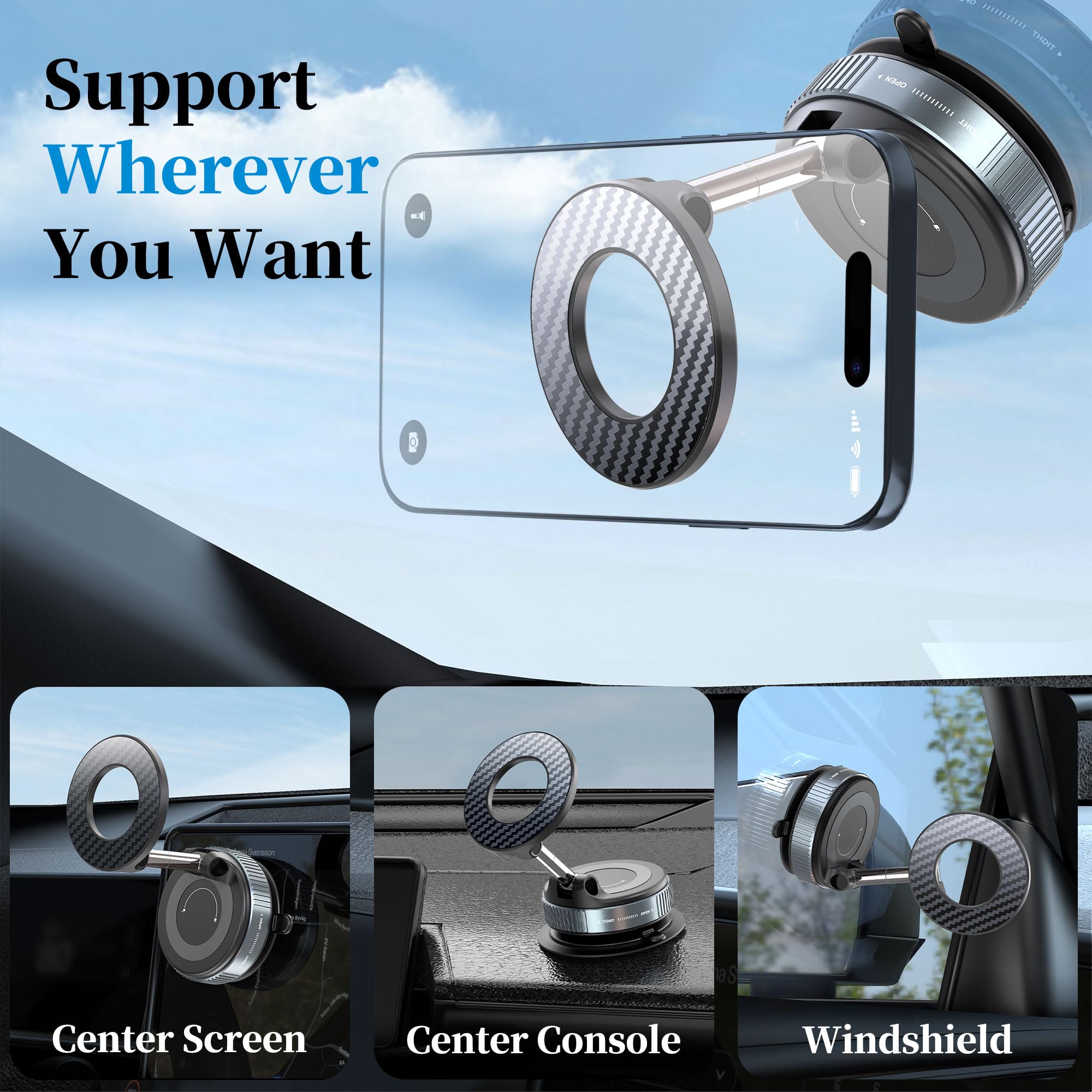 Plusacc Vacuum Magnetic Phone Holder For Car - Suction Cup Phone Mount 360 Rotatable Foldable Portable Strong Magnet Stand For I