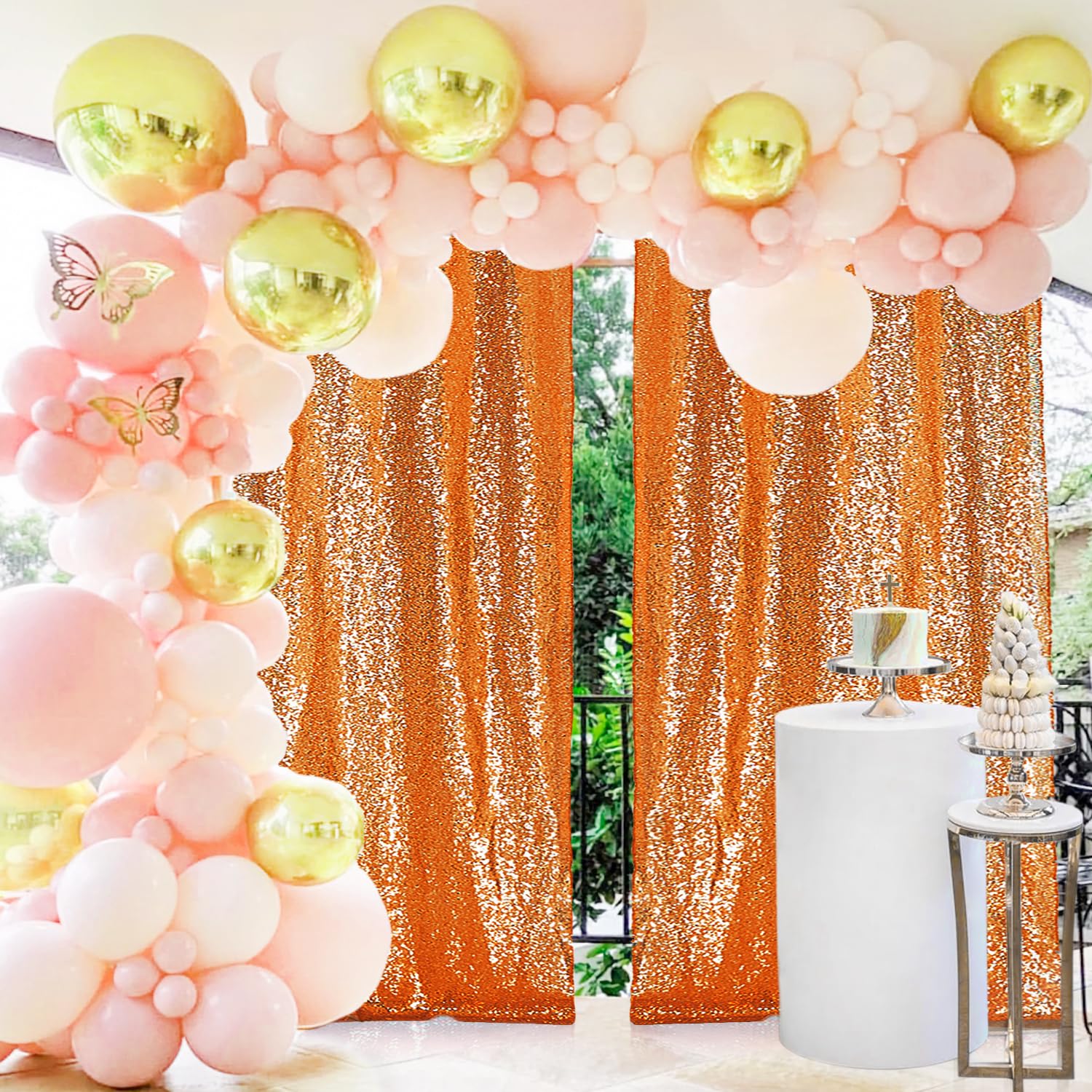 2  8Ft 2Pcs Orange Sequin Backdrop Curtains Panels, Photography Backdrop Glitter Curtains Fabric Background For Christmas Weddin