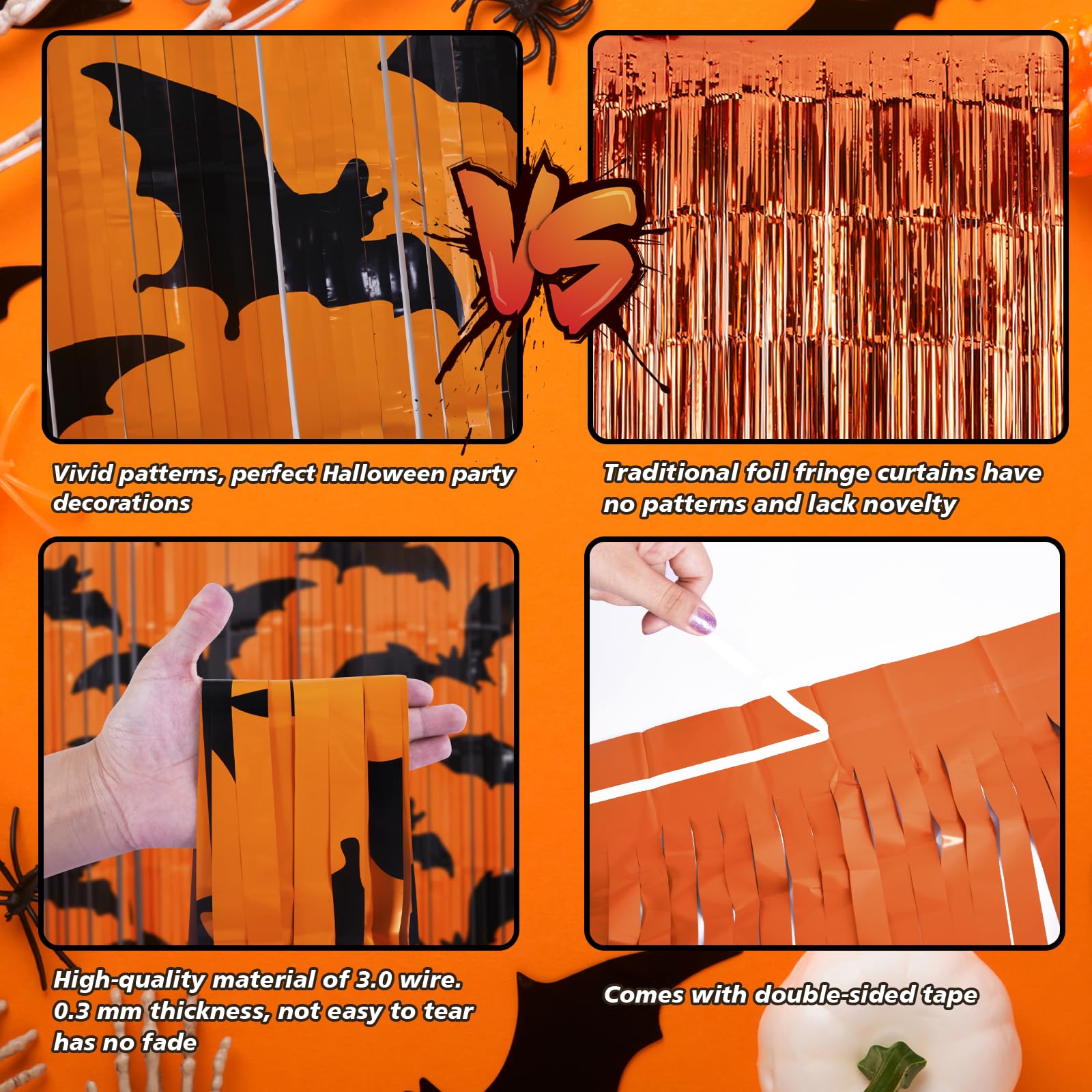 Mega L Halloween Party Decorations, 2 Packs Black Bat Pattern Orange Background Photo Booth Props, 3.3 X 6.6 Ft Metallic Foil Fr